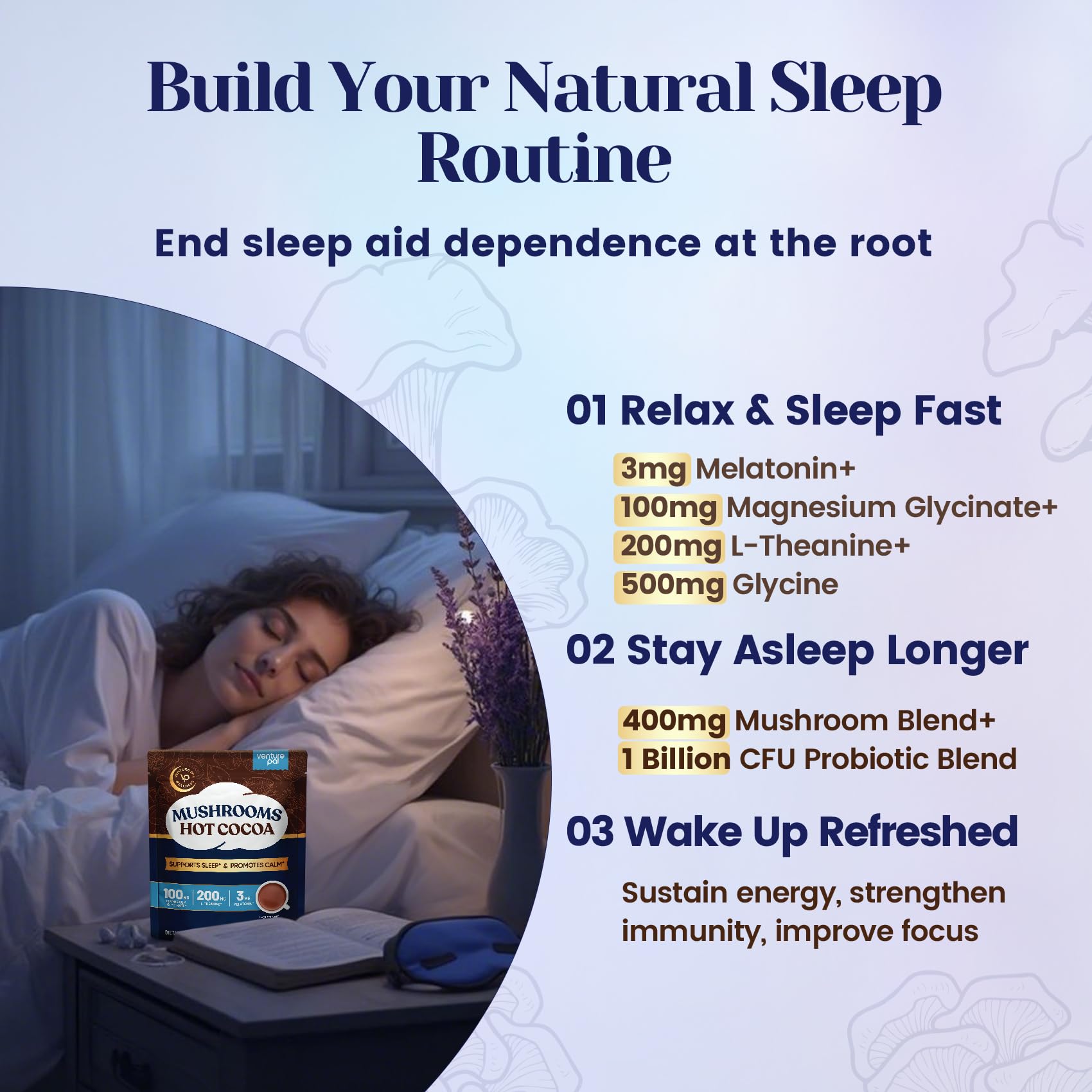 Venture Pal Mushroom Hot Cocoa Powder with Magnesium Glycinate, L-Theanine & Reishi to Calm & Relax, Natural Sleep Aids for Adults Melatonin 3mg, Unsweetened Hot Chocolate for Deep Sleep, 30 Servings