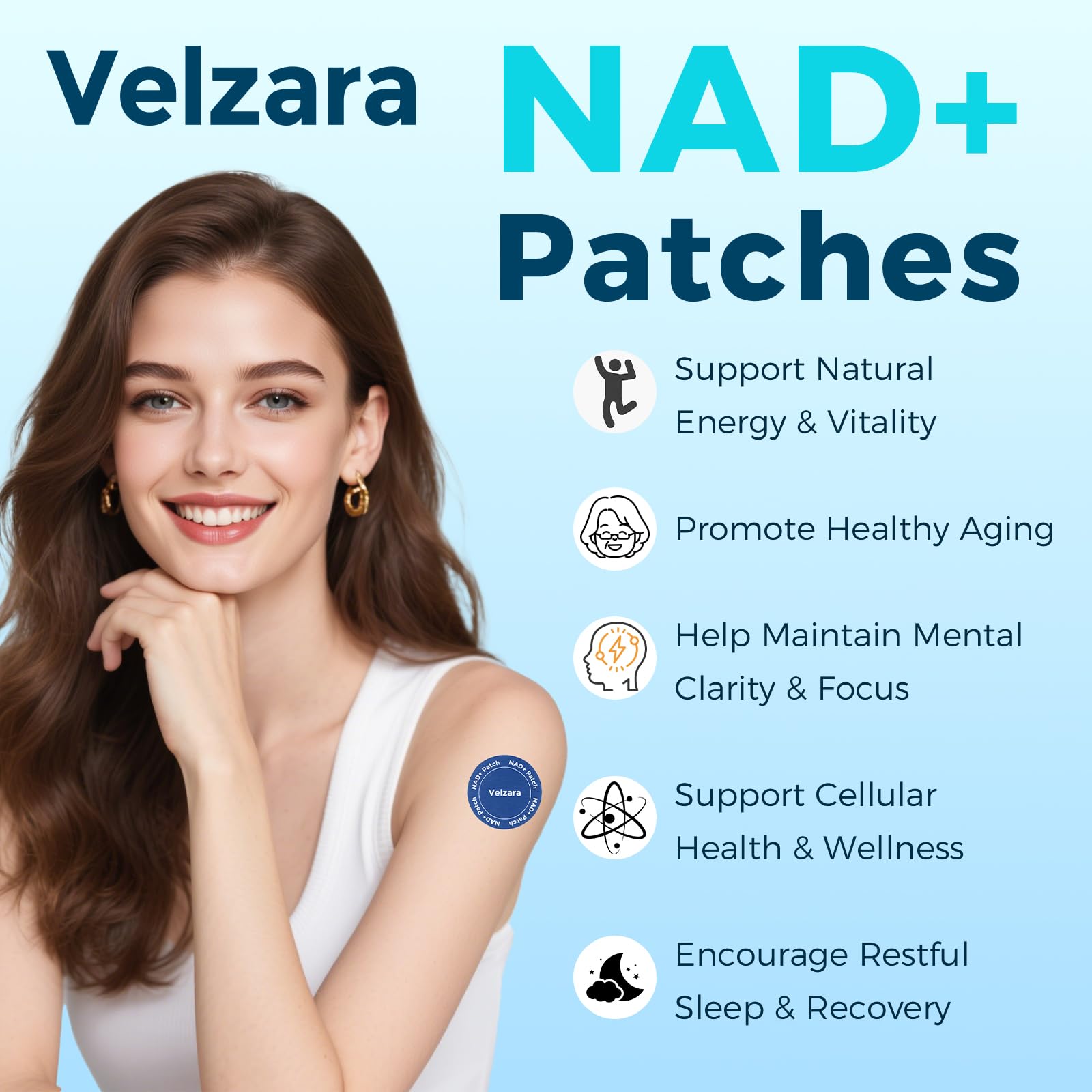 Velzara NAD+ Patches Comfortable All-Day Wear Vegan, Water-Resistant 60 Patches
