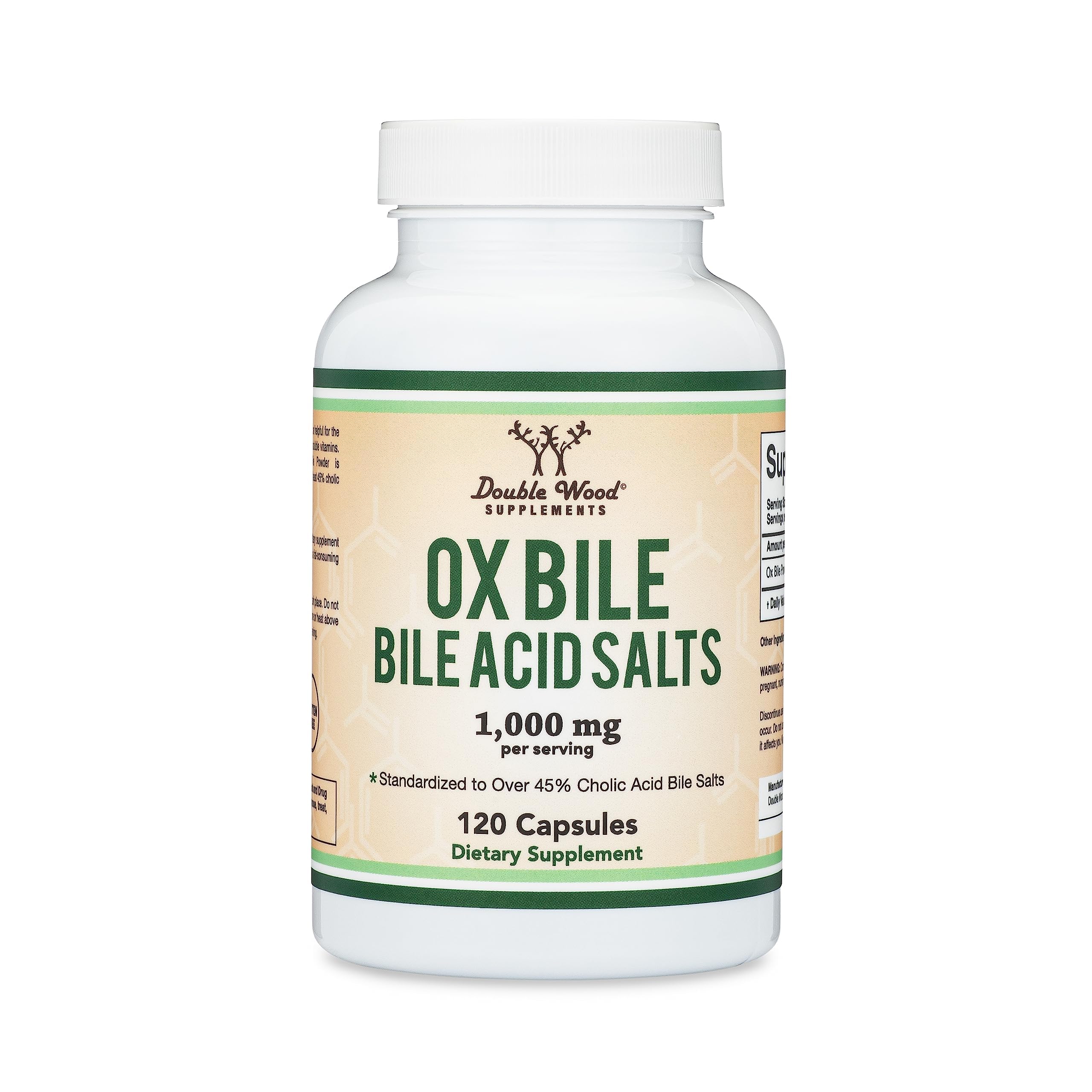 Ox Bile Supplement for No Gallbladder (1,000mg Per Serving, 500mg per Capsule, 120 Capsules) Standardized to 45% Cholic Acid Bile Salts to Help Address Bile Salt Deficiencies by Double Wood