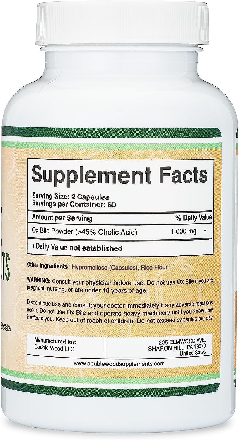 Ox Bile Supplement for No Gallbladder (1,000mg Per Serving, 500mg per Capsule, 120 Capsules) Standardized to 45% Cholic Acid Bile Salts to Help Address Bile Salt Deficiencies by Double Wood