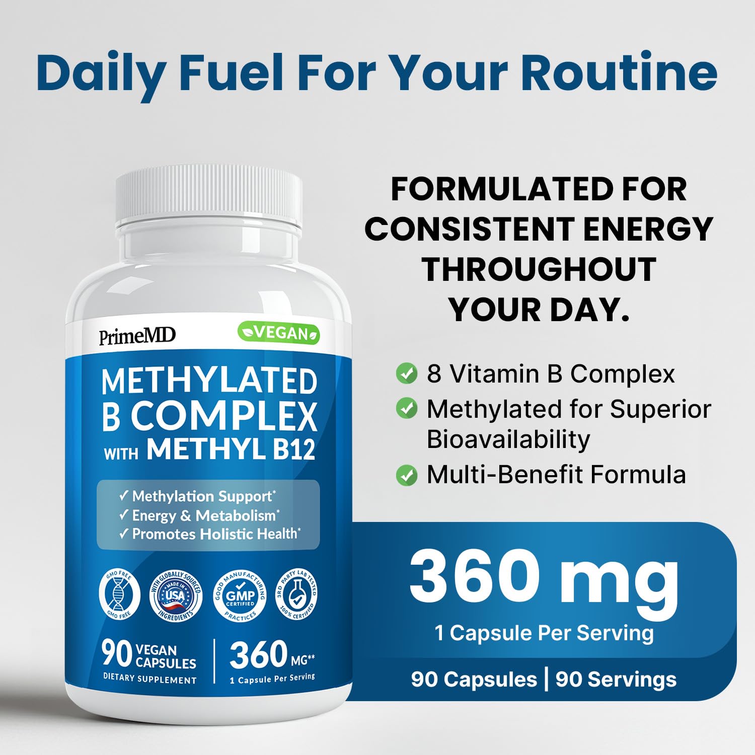 Methylated B Complex with Methylfolate and B12 Methylcobalamin 1000 mcg - Methylated Multivitamin for Energy, Brain Function, and Wellness - Vitamin B Complex for Men & Women (90 Servings) (Pack of 1)