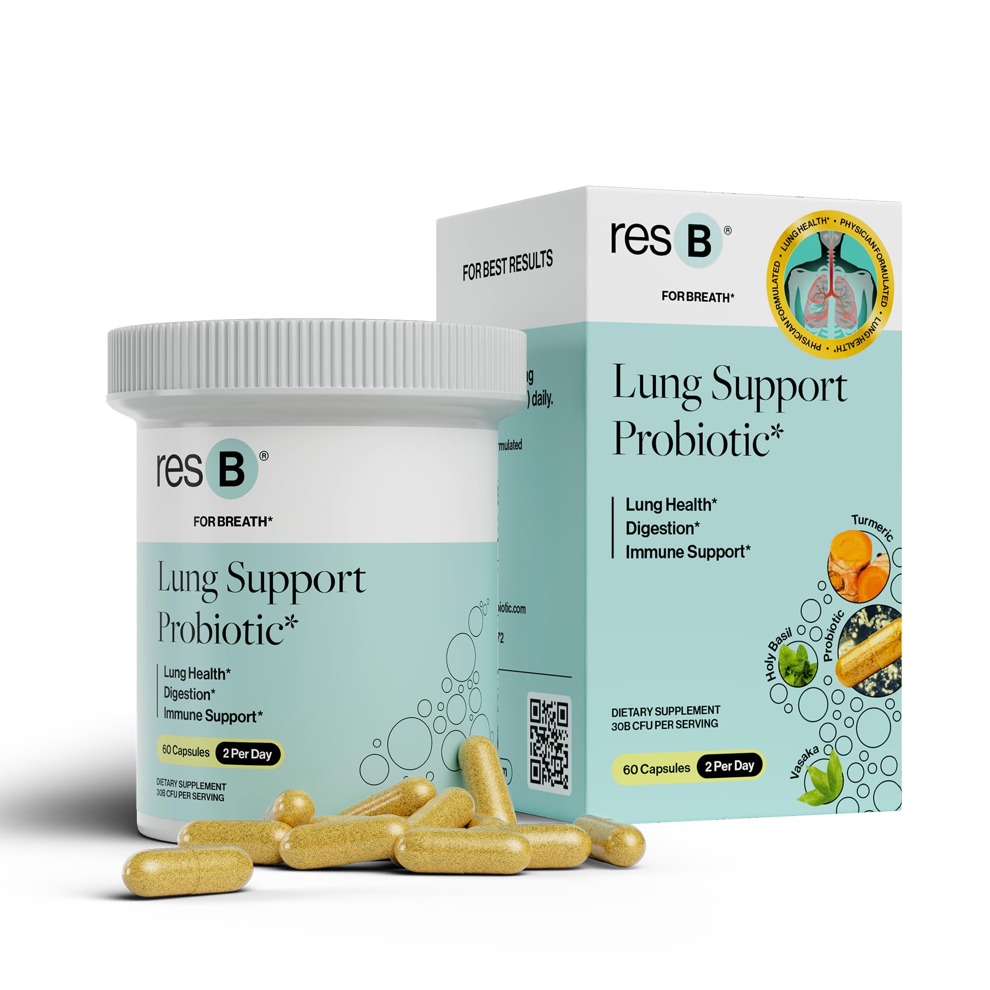 resB Lung Support Probiotic Supplement - Lung Health Supplement for Smokers, Gut Health, Immune & Digestive Support, Respiratory Care, Holy Basil & Turmeric, Clinically Trialed - 60 Capsules