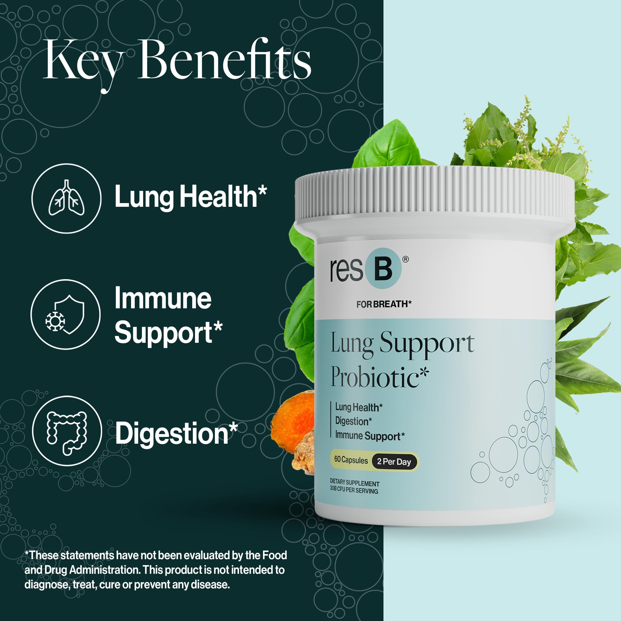 resB Lung Support Probiotic Supplement - Lung Health Supplement for Smokers, Gut Health, Immune & Digestive Support, Respiratory Care, Holy Basil & Turmeric, Clinically Trialed - 60 Capsules