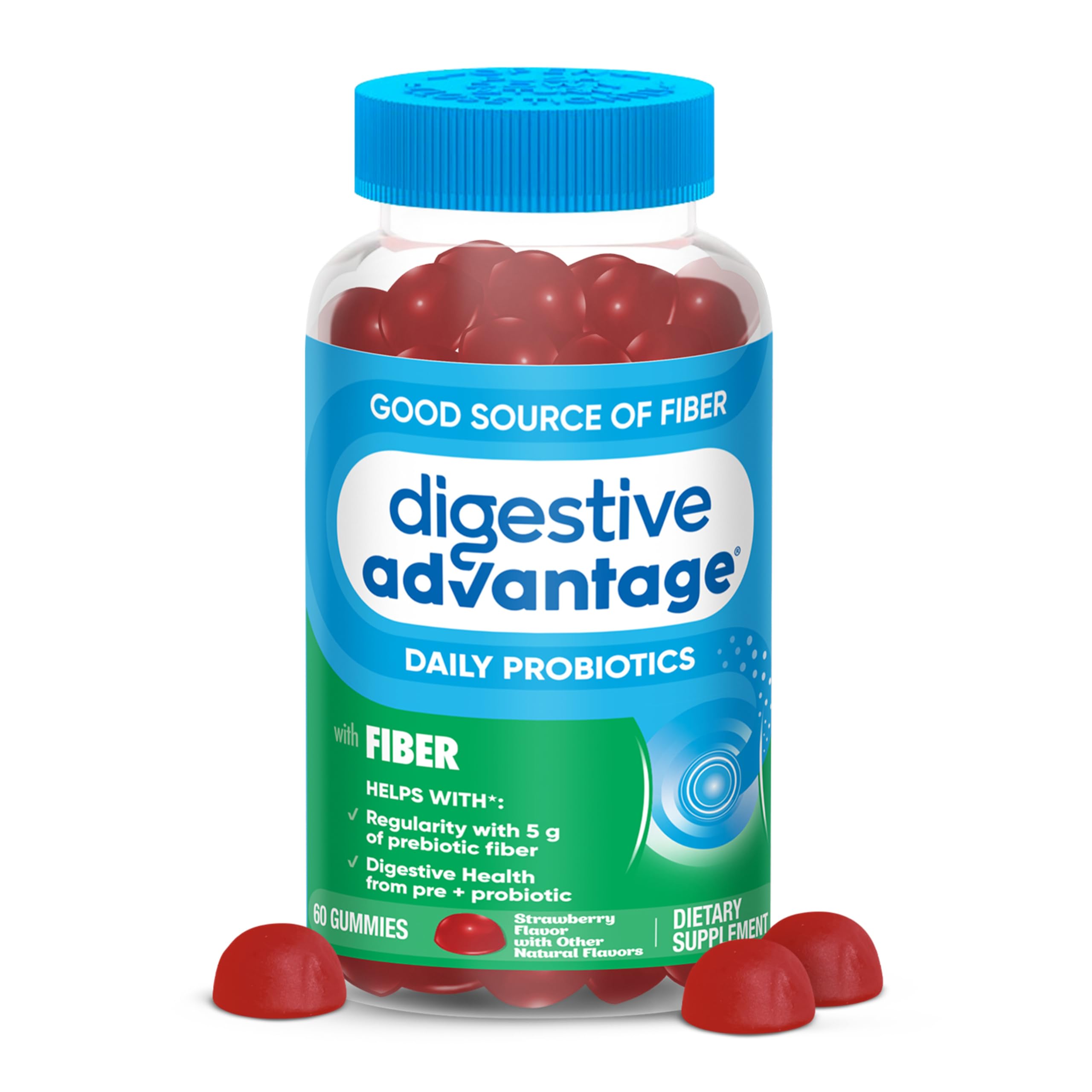 Digestive Advantage Prebiotic Fiber Gummies + Probiotics for Gut Health, 5g Prebiotic Fiber Plus 1 Billion CFU Probiotic, Supports Digestive Health & Regularity, (60ct Bottle) Strawberry Flavor*