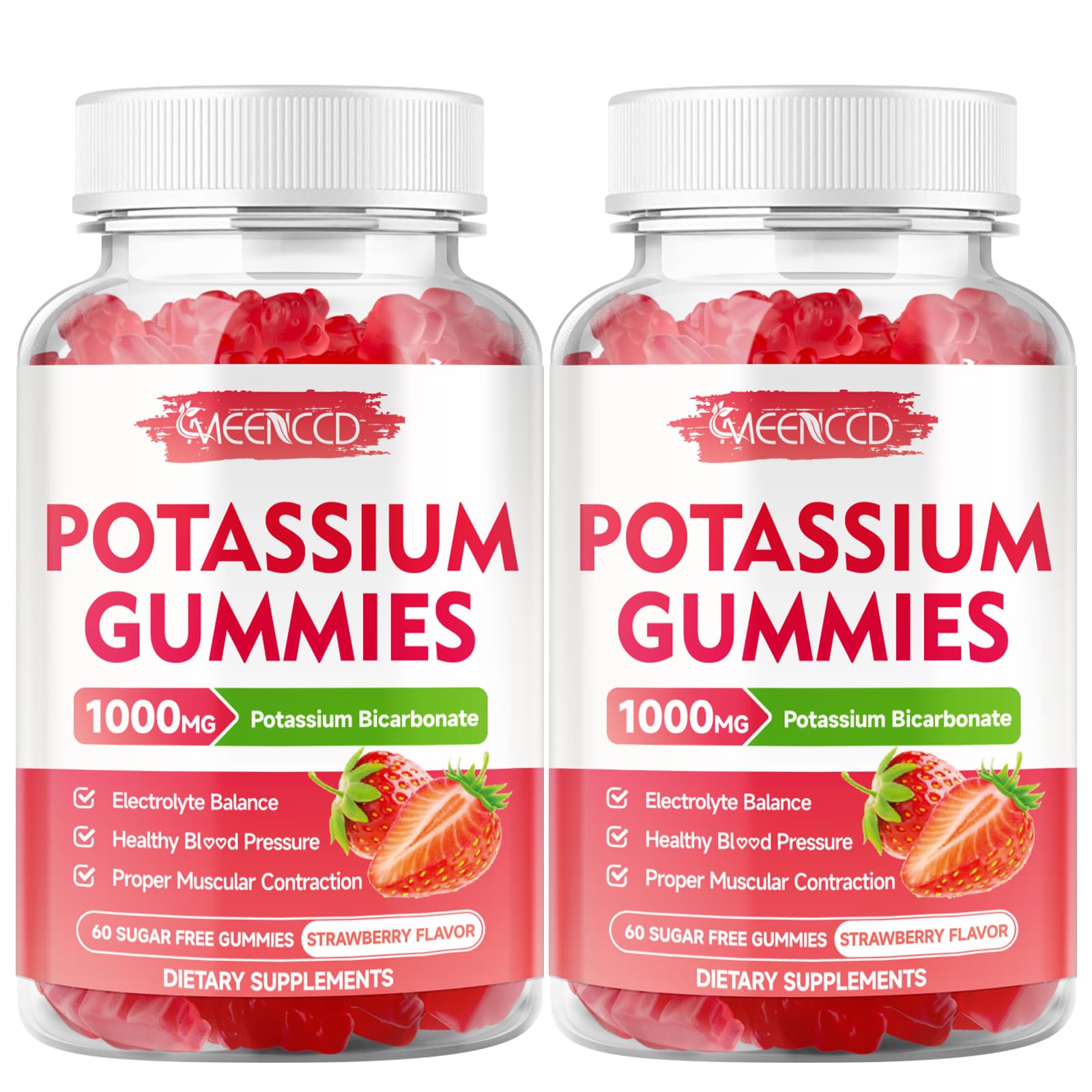 2 Pack Potassium Gummies 1000mg, Potassium Bicarbonate Supplement for Adults & Kids, Potassium Supplement for Electrolyte Balance & Muscle Heath, Sugar-Free, Strawberry Flavor, 120 Count