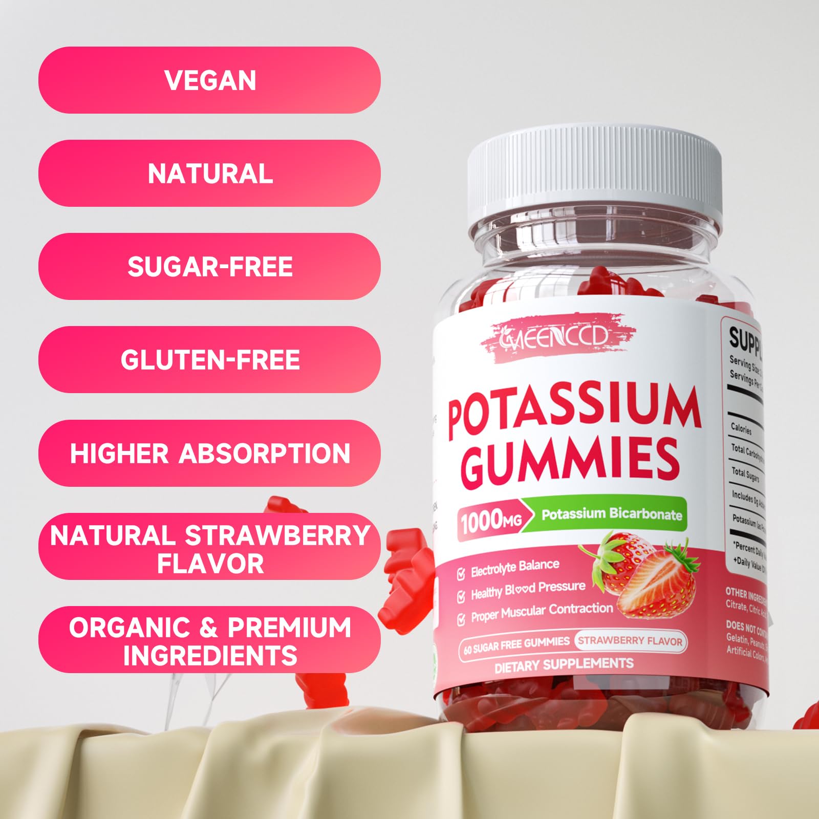2 Pack Potassium Gummies 1000mg, Potassium Bicarbonate Supplement for Adults & Kids, Potassium Supplement for Electrolyte Balance & Muscle Heath, Sugar-Free, Strawberry Flavor, 120 Count