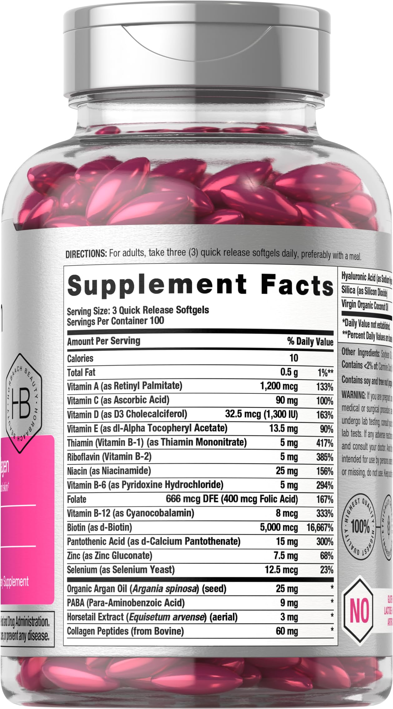 Horbäach Hair Skin and Nails Vitamins | 300 Softgels | with Biotin and Collagen | Infused with Argan Oil and Coconut Oil | Non-GMO, Gluten Free Supplement