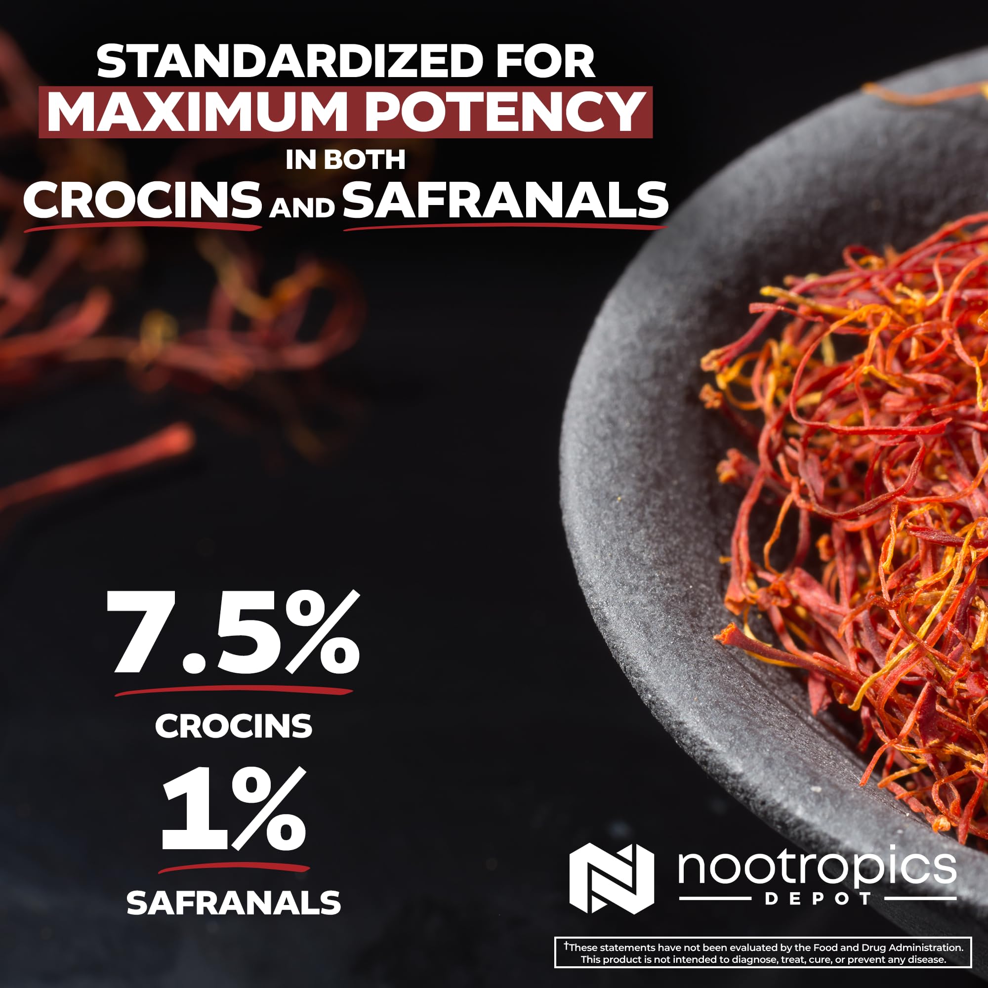 Nootropics Depot High Potency Saffron Extract Capsules | 30mg | Minimum 7.5% Crocins and 1% Safranals | Crocus sativus | 180 ct