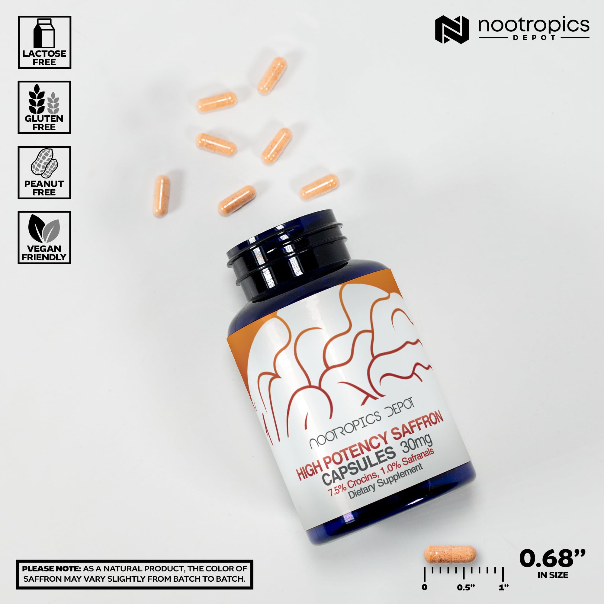 Nootropics Depot High Potency Saffron Extract Capsules | 30mg | Minimum 7.5% Crocins and 1% Safranals | Crocus sativus | 180 ct