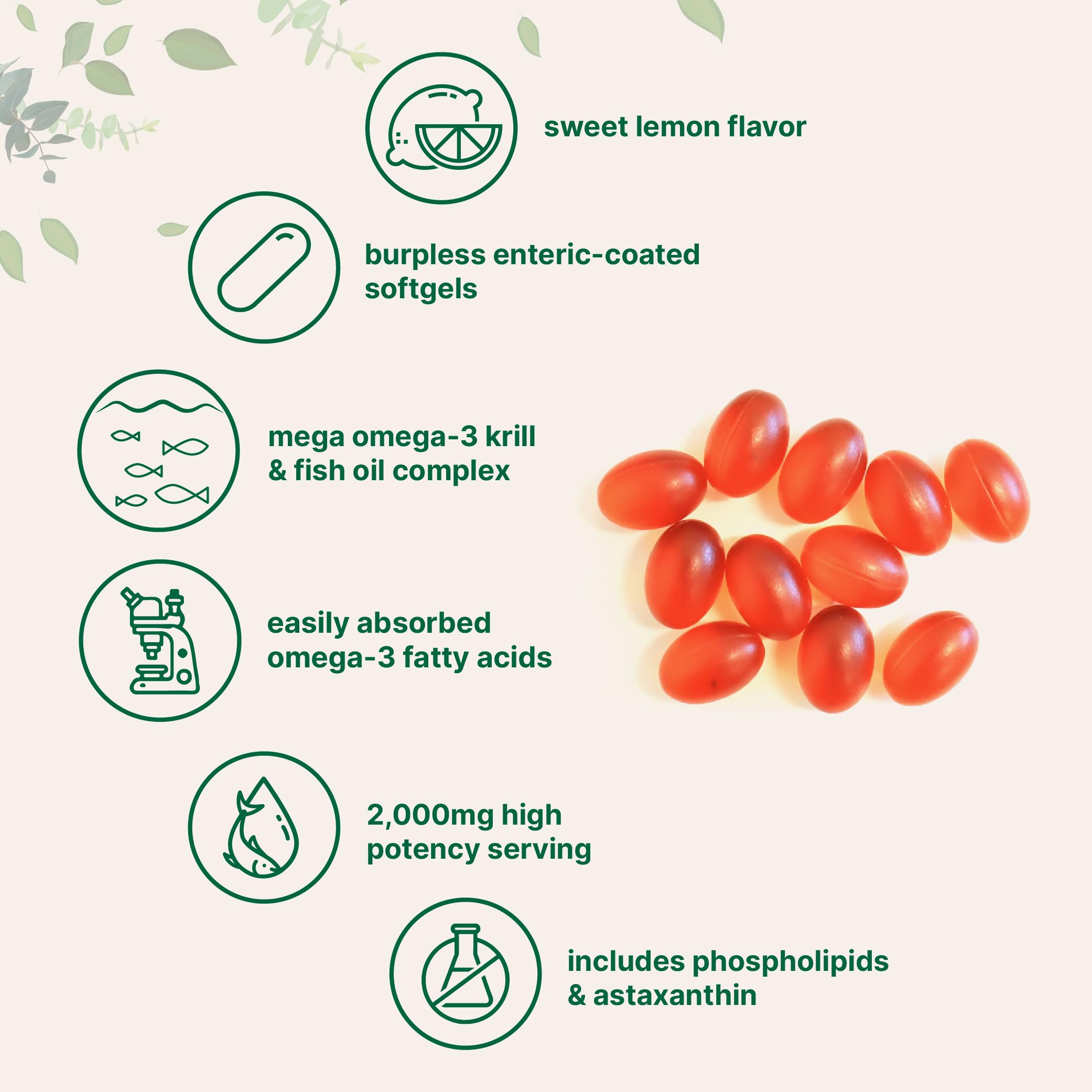 Mega Omega-3 Krill & Fish Oil 2,000mg Equivalent, 240 Softgels | Lemon Flavored | Burpless | Essential Fatty Acids & Astaxanthin | EPA 350mg + DHA 230mg | Heart & Brain Supplement