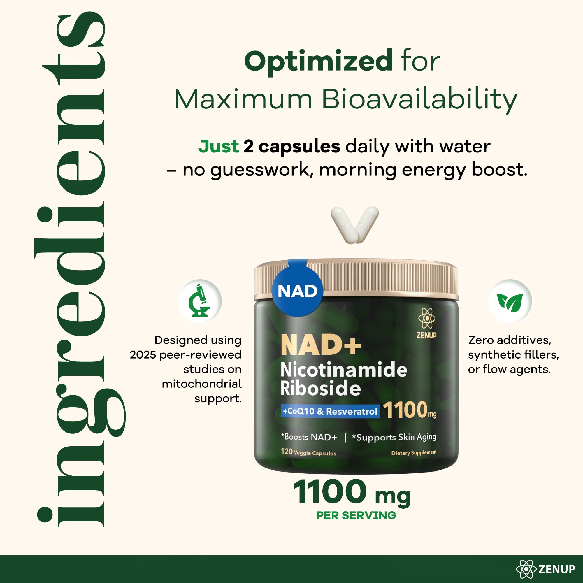 ZenUP NAD+ Supplement | 1100mg Liposomal Nicotinamide Riboside with Resveratrol & Quercetin | Anti-Aging, Cellular Energy, Mental Focus | 120 Caps