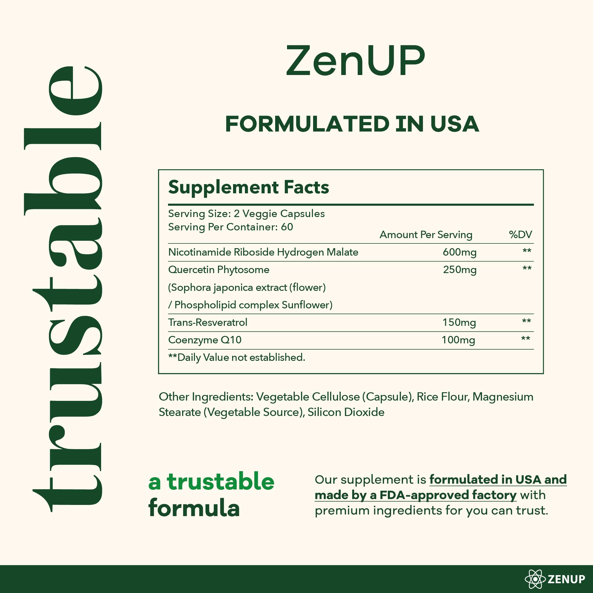 ZenUP NAD+ Supplement | 1100mg Liposomal Nicotinamide Riboside with Resveratrol & Quercetin | Anti-Aging, Cellular Energy, Mental Focus | 120 Caps