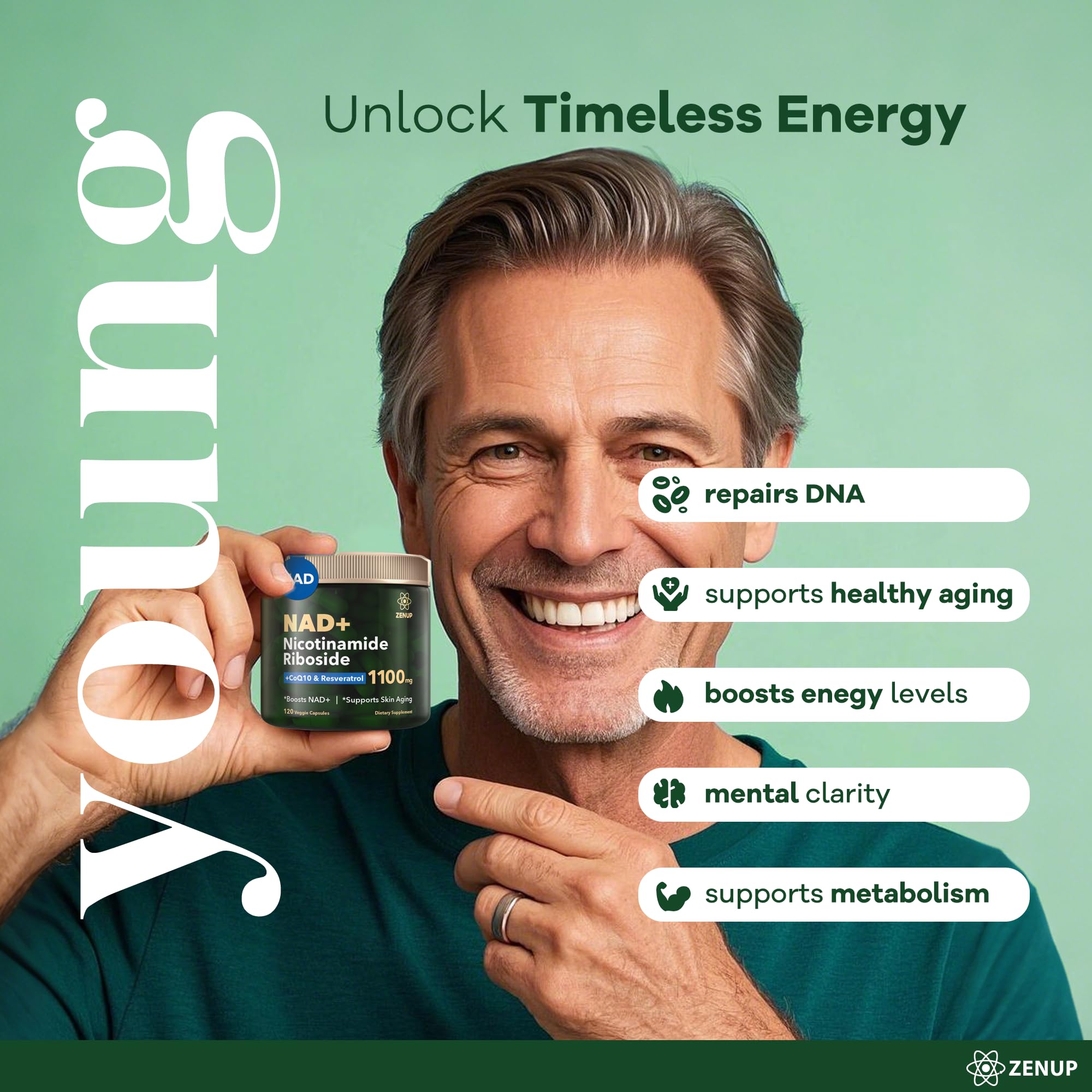 ZenUP NAD+ Supplement | 1100mg Liposomal Nicotinamide Riboside with Resveratrol & Quercetin | Anti-Aging, Cellular Energy, Mental Focus | 120 Caps