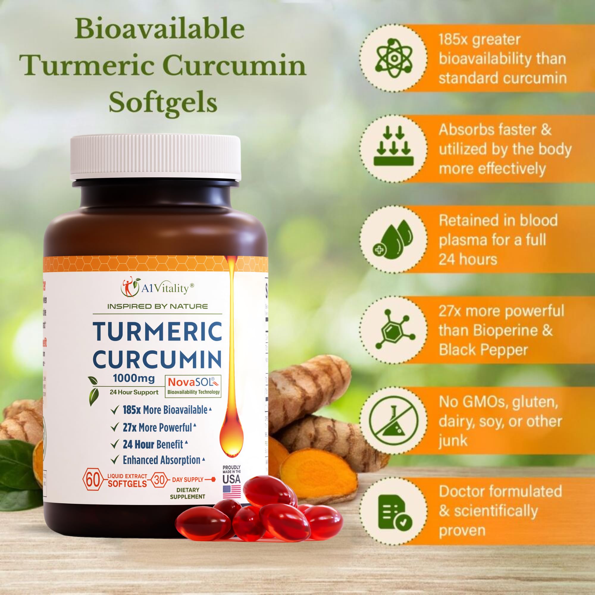A1Vitality NovaSOL Turmeric Curcumin 1000mg – Clinically Proven 185x Higher Absorption – Promotes Joint Comfort, Mobility & Overall Wellness – Non-GMO, Doctor Formulated, 60 Softgels.