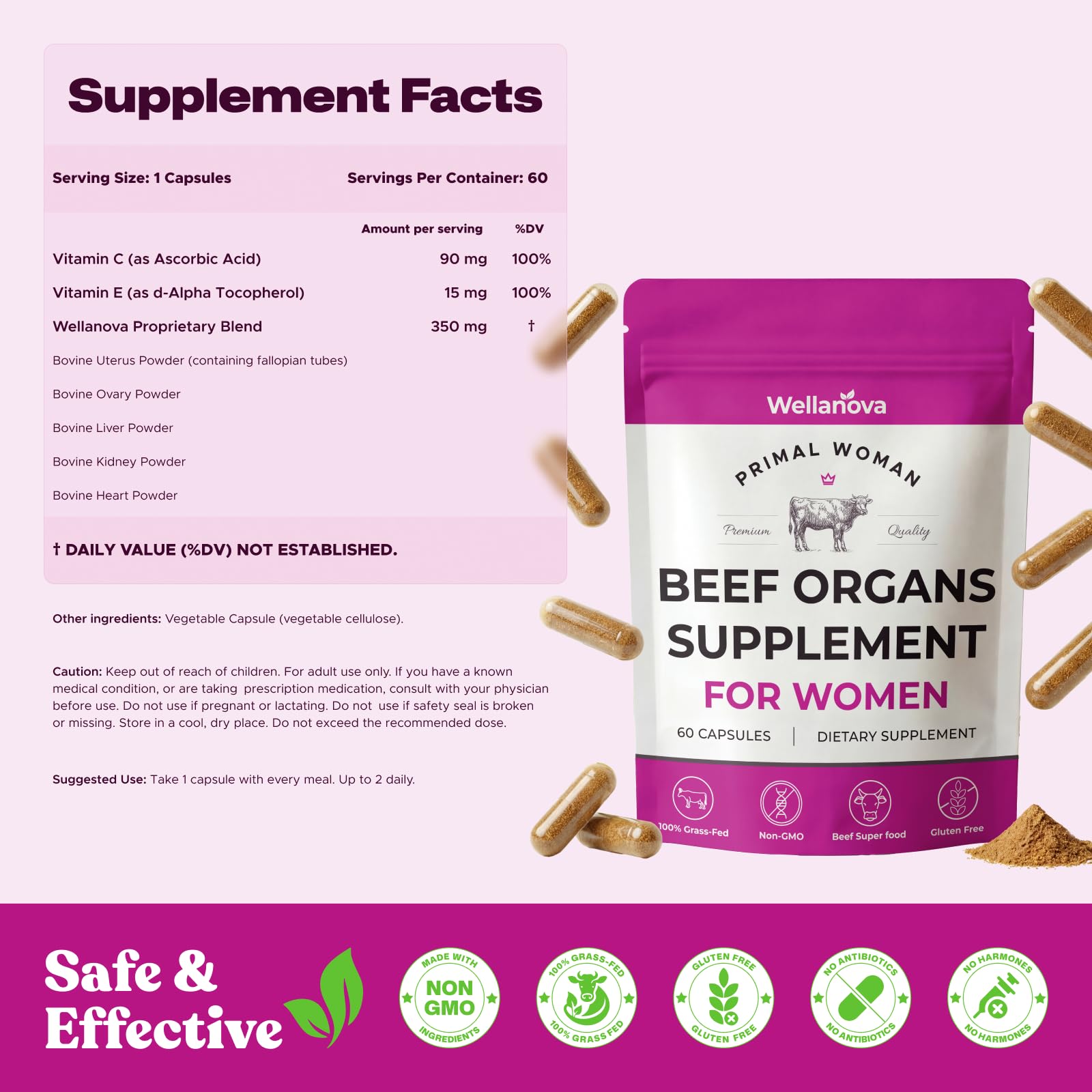 Primal Beef Organ Supplement for Women, Grass-Fed Ancestral Superfood Supplement with Uterus & Liver for Hormone Balance & Queen Energy - 60 Day Supply