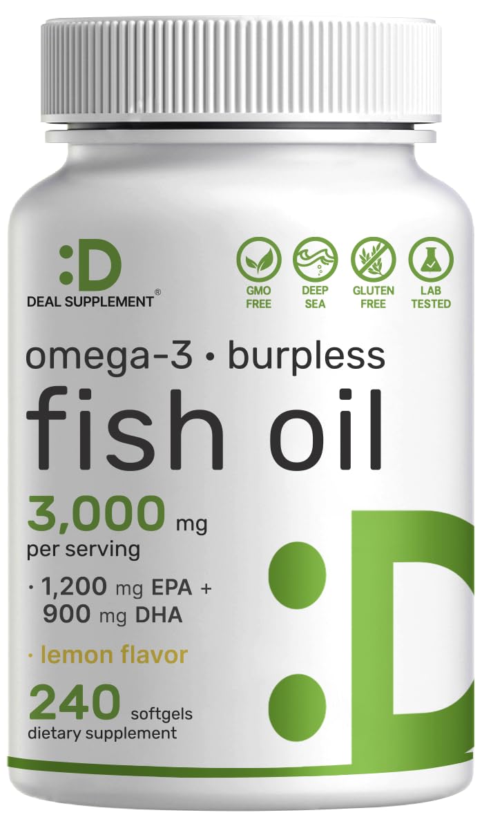 DEAL SUPPLEMENT Omega 3 Fish Oil Supplements, 3,000mg Per Serving, 240 Softgels – EPA 1,200mg + DHA 900mg – Burpless Pills, Lemon Flavored, Wild Caught – Brain & Heart Support – Mercury Free, Non-GMO