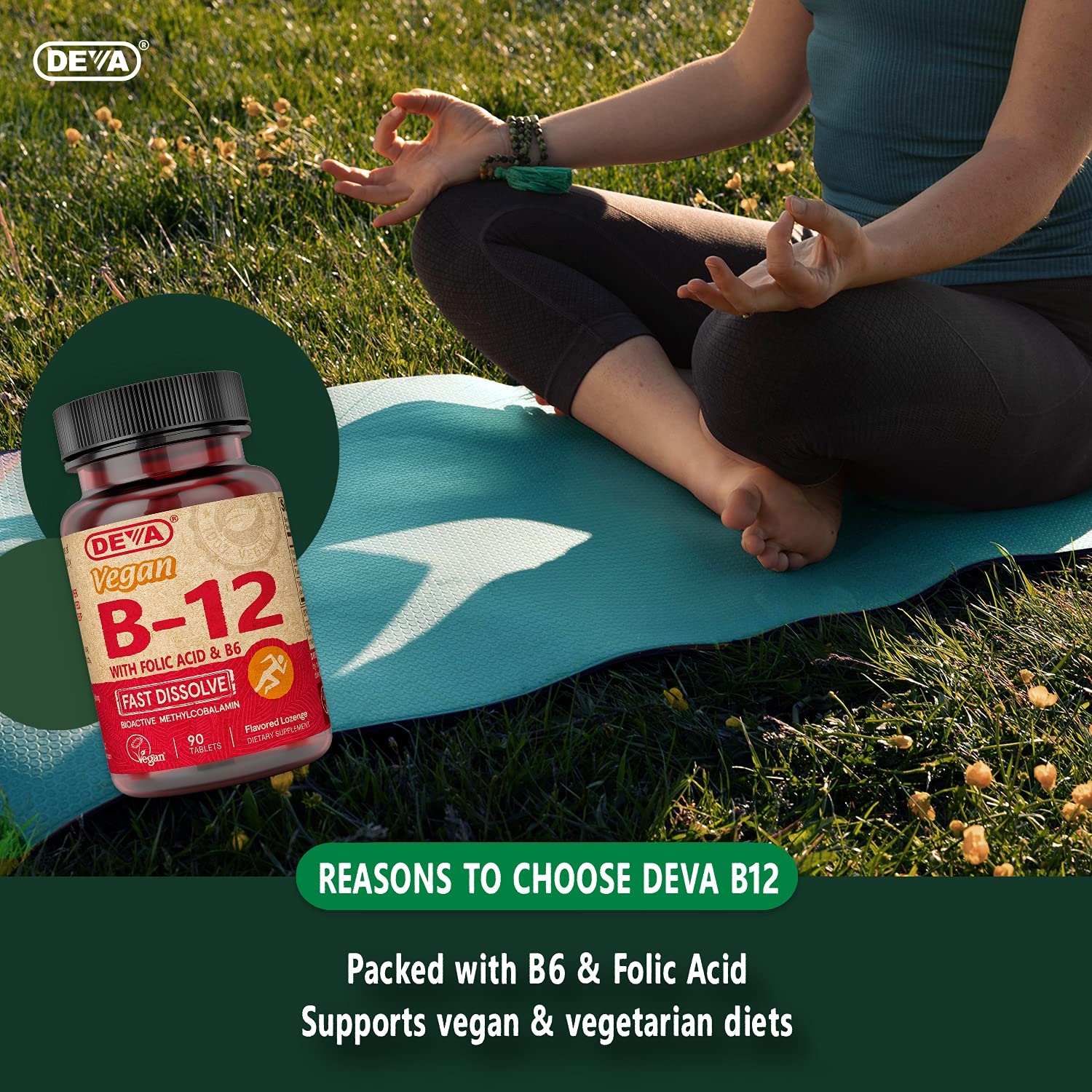 DEVA Vegan Vitamin B12 Fast Dissolve Supplement - Once-Per-Day Complex with 1000 Mcg Methylcobalamin B12, Folic Acid, B6 - Lemon Flavor - 90 Dissolvable Tablets, 2-Pack