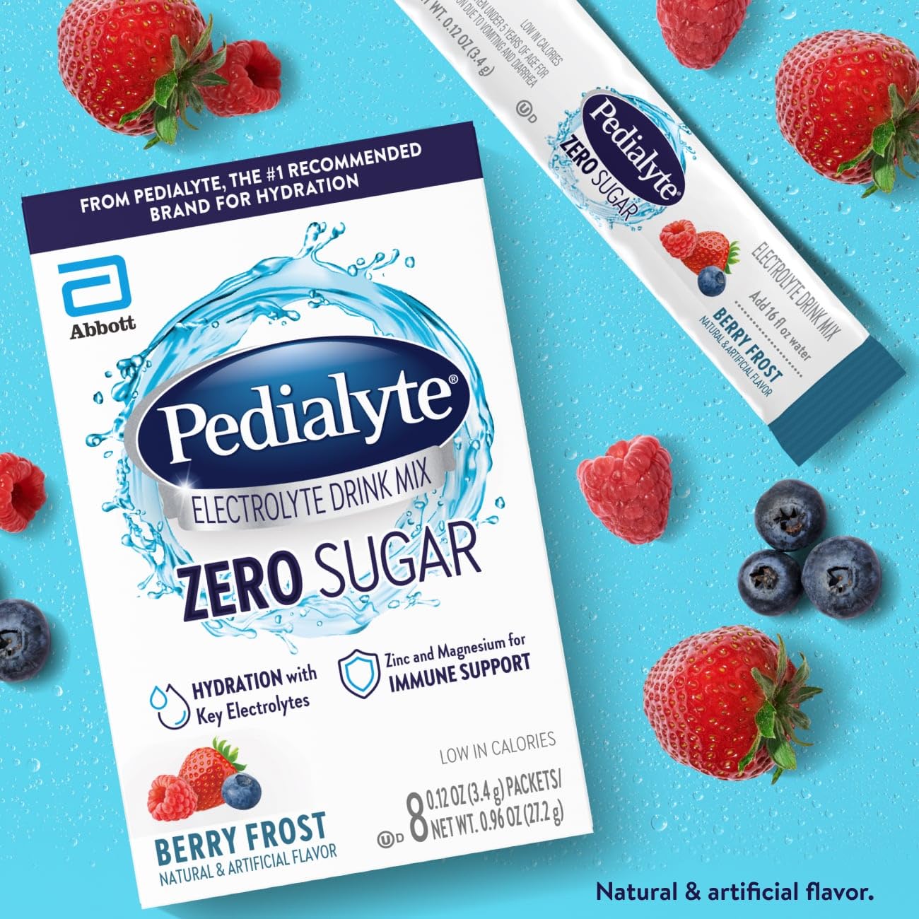 Pedialyte Electrolyte Drink Mix with Zero Sugar | Hydration with Key Electrolytes | Great Hydration Low in Calories | Berry Frost, 24 Powder Packets