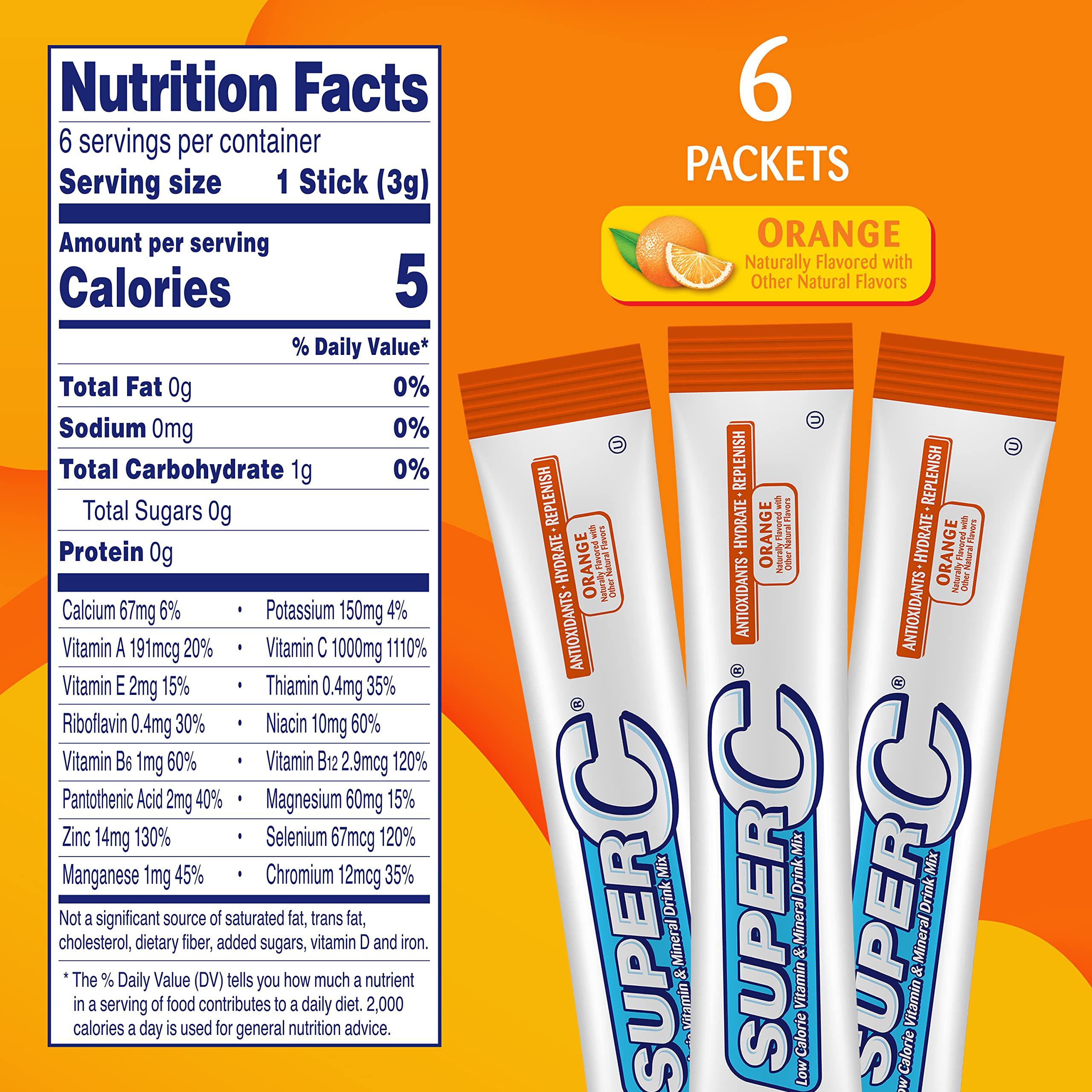 Super C Vitamin & Mineral Drink Mix, Orange, 6 CT Singles To Go, Pack Of 12 (72 Total Packets)