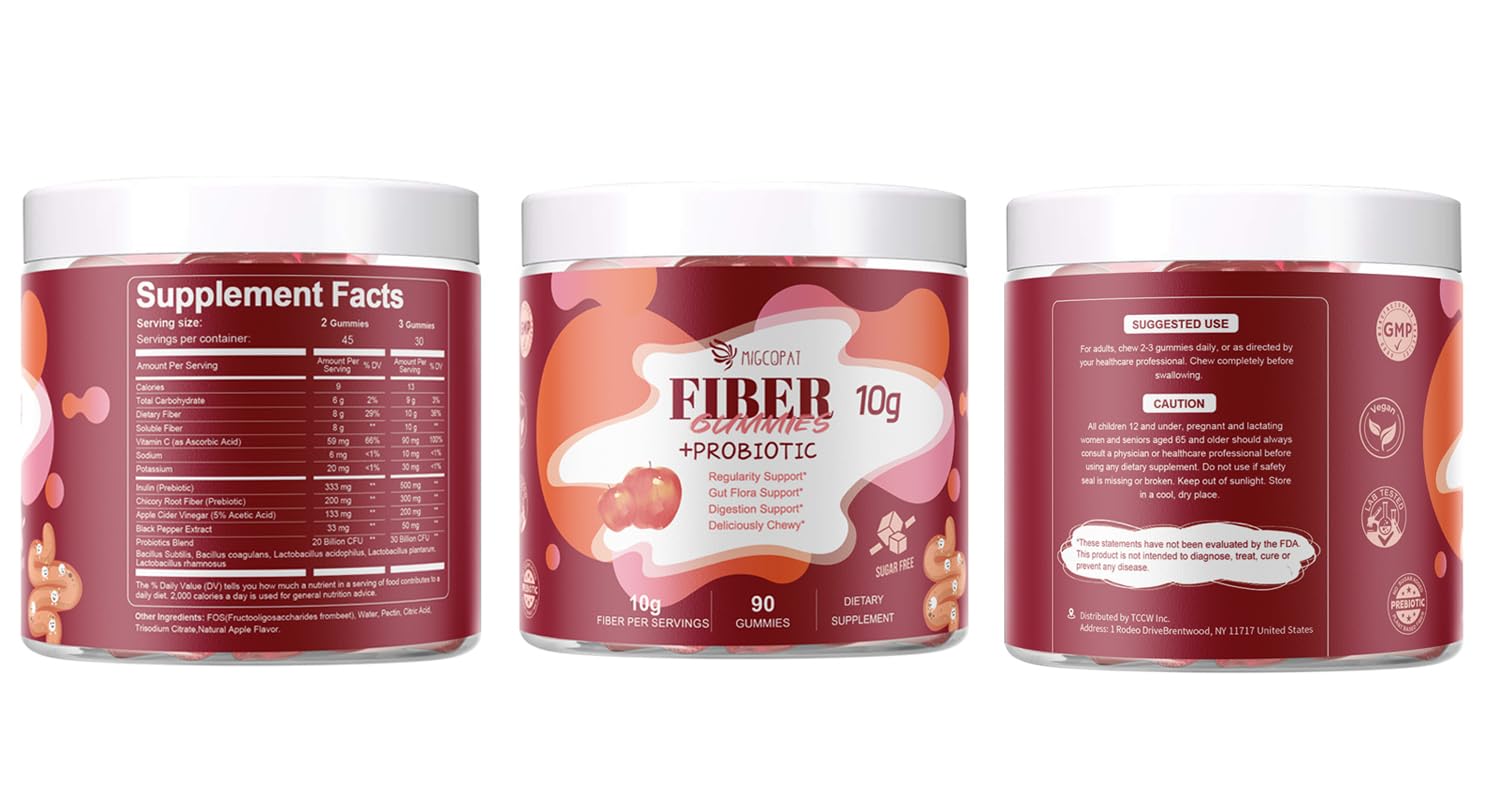 Migcopat Fiber Gummies with Probiotics,10G Fiber per Serving No Sugar Added Apple Flavor, with 10 Billion CFU Probiotics Blend, Apple Cider Vinegar, Vitamin C, Inulin, Bloating Support 90 Count