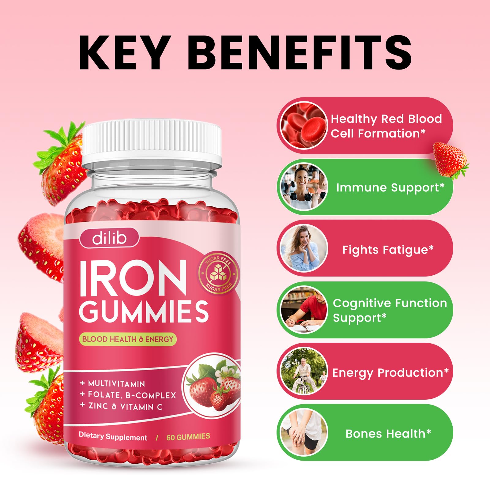 Iron Gummies with Multivitamin, Iron Supplement for Women & Men with Zinc, Vitamin B Complex & C, B12, Folate - Blood Builder & Energy Support for Adults & Kids - Strawberry Flavor, Vegan 60 Gummies