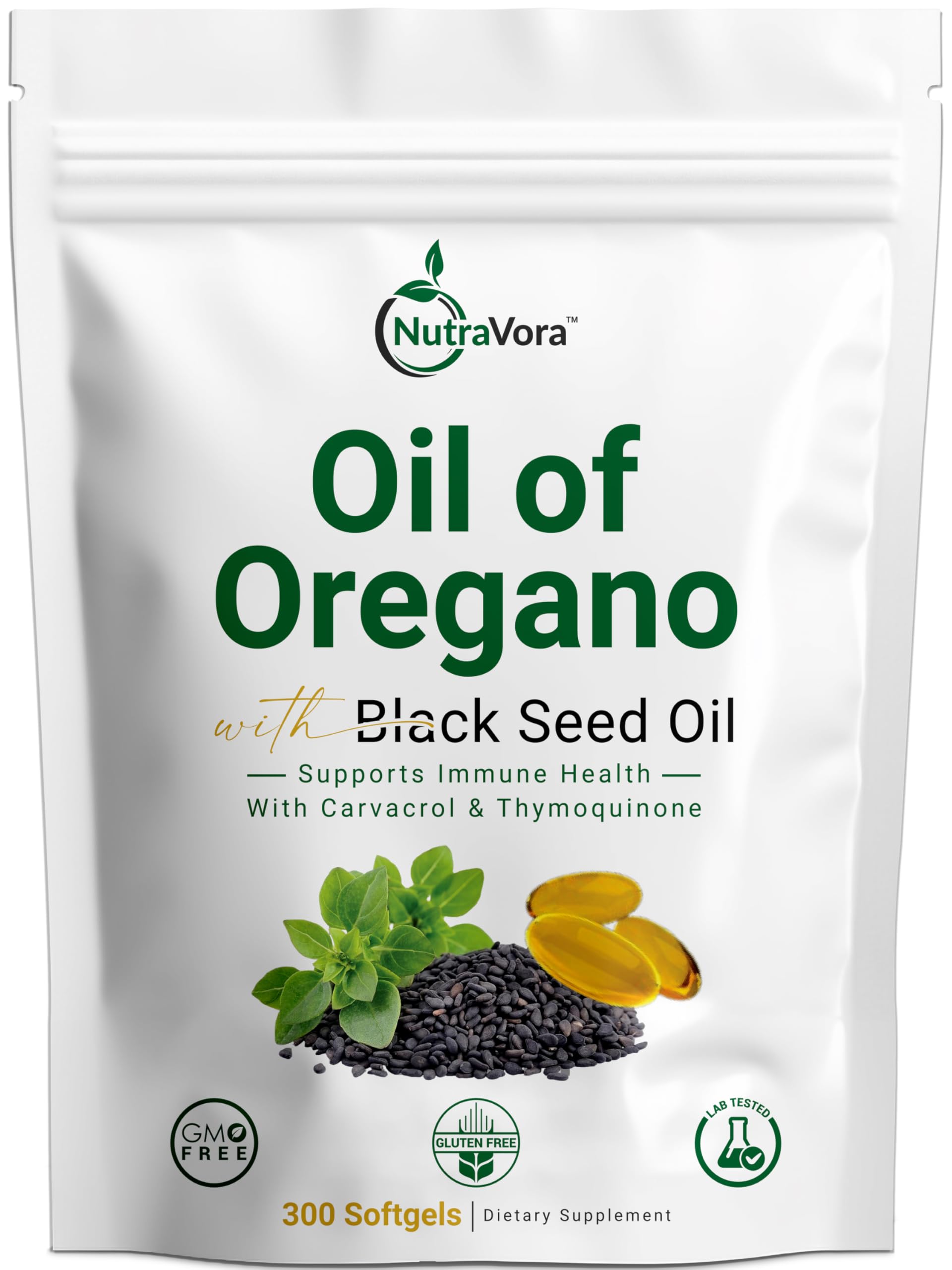 NutraVora Oil of Oregano with Black Seed Oil Capsules – Dietary Supplement for Immune & Respiratory Wellness Support – with Carvacrol & Thymoquinone – Non-GMO, Gluten-Free – 300 Softgels