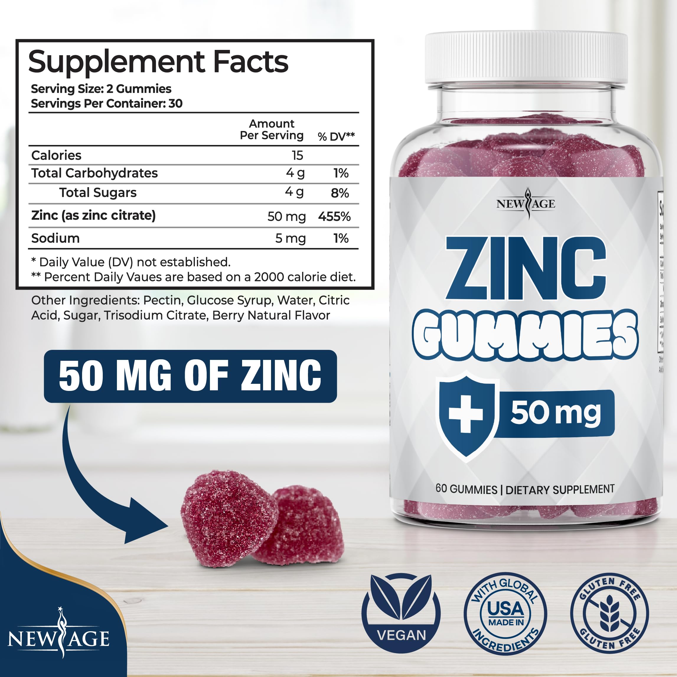 NEW AGE Zinc Gummies - 50mg Zinc Supplement, Immune Supplement, Antioxidant, Non-GMO (180 Count (Pack of 3))