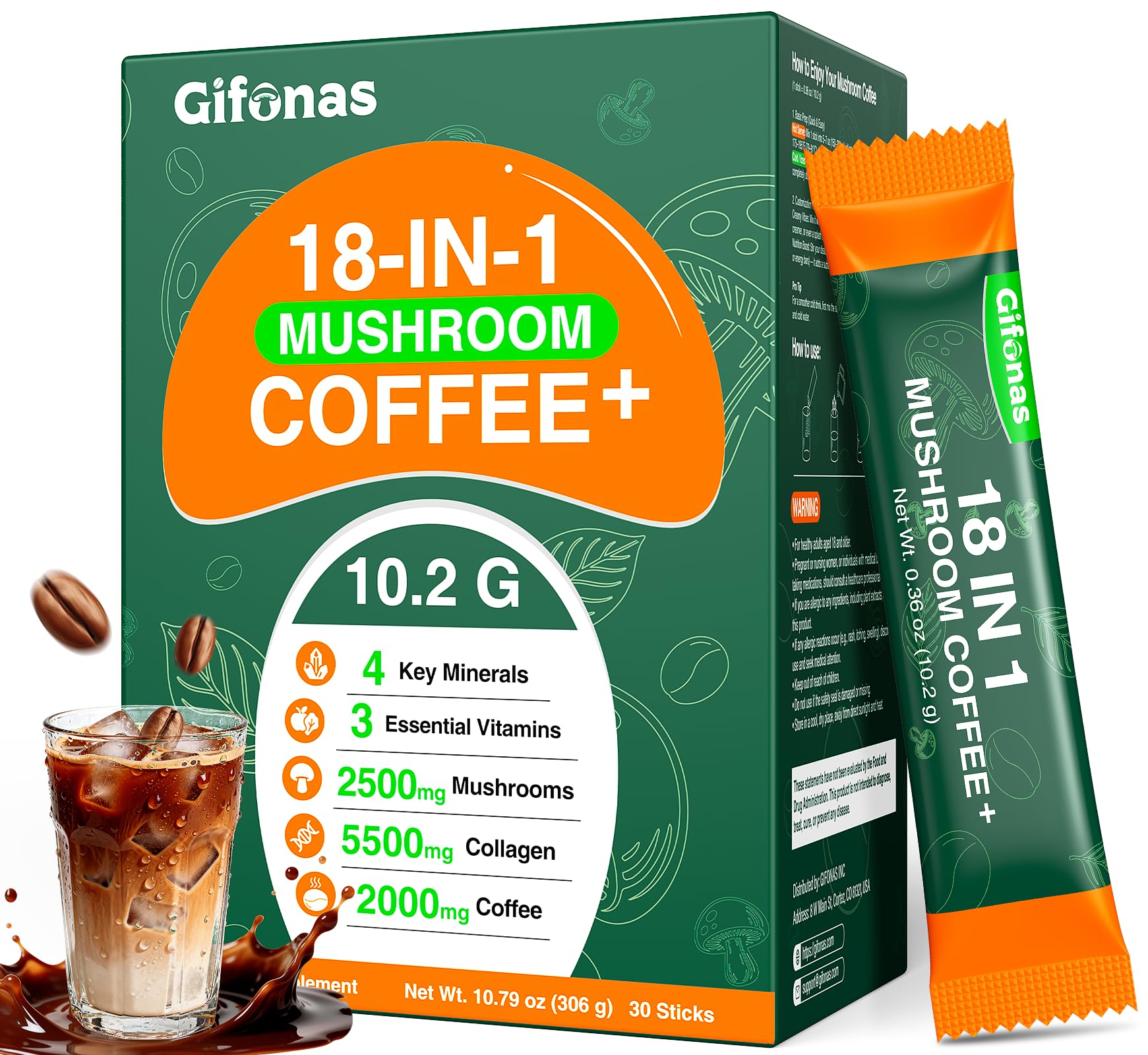 Mushroom Coffee with Collagen, Vitamins & Minerals, 6 Adaptogenic Mushrooms - Lion’s Mane, Reishi, Chaga & More, Organic Instant Coffee for Energy, Focus, Skin, Immune & Gut Support, 30 Servings