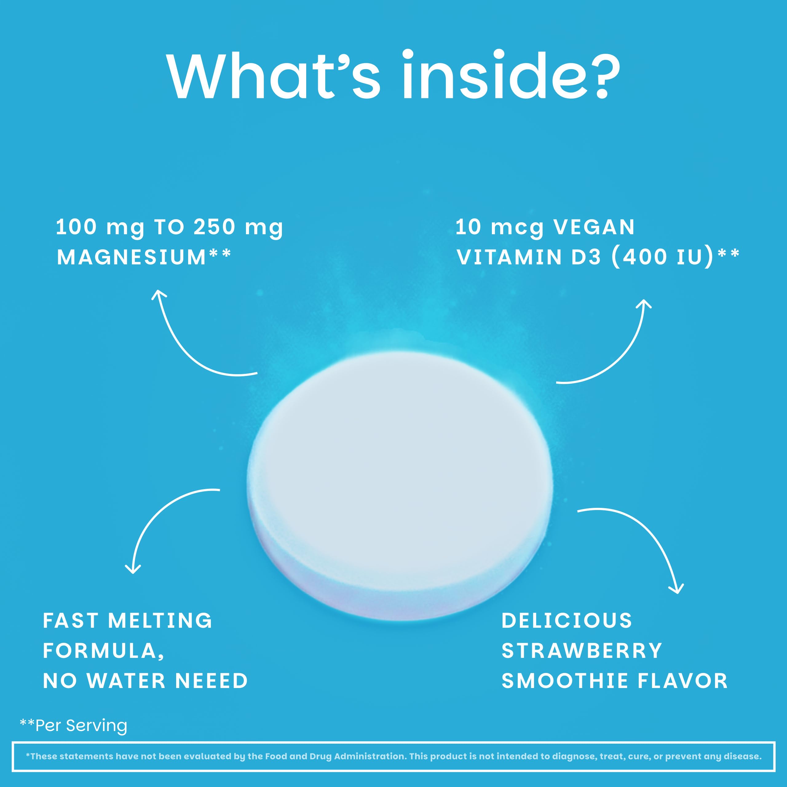 EZ Melts Calcium & Magnesium - Daily Supplement for Heart, Bone, Immune & Brain Health - with Vitamin D3 - Non-GMO & Vegan - Strawberry Smoothie - 60 Dissolvable Tablets (30 Servings)