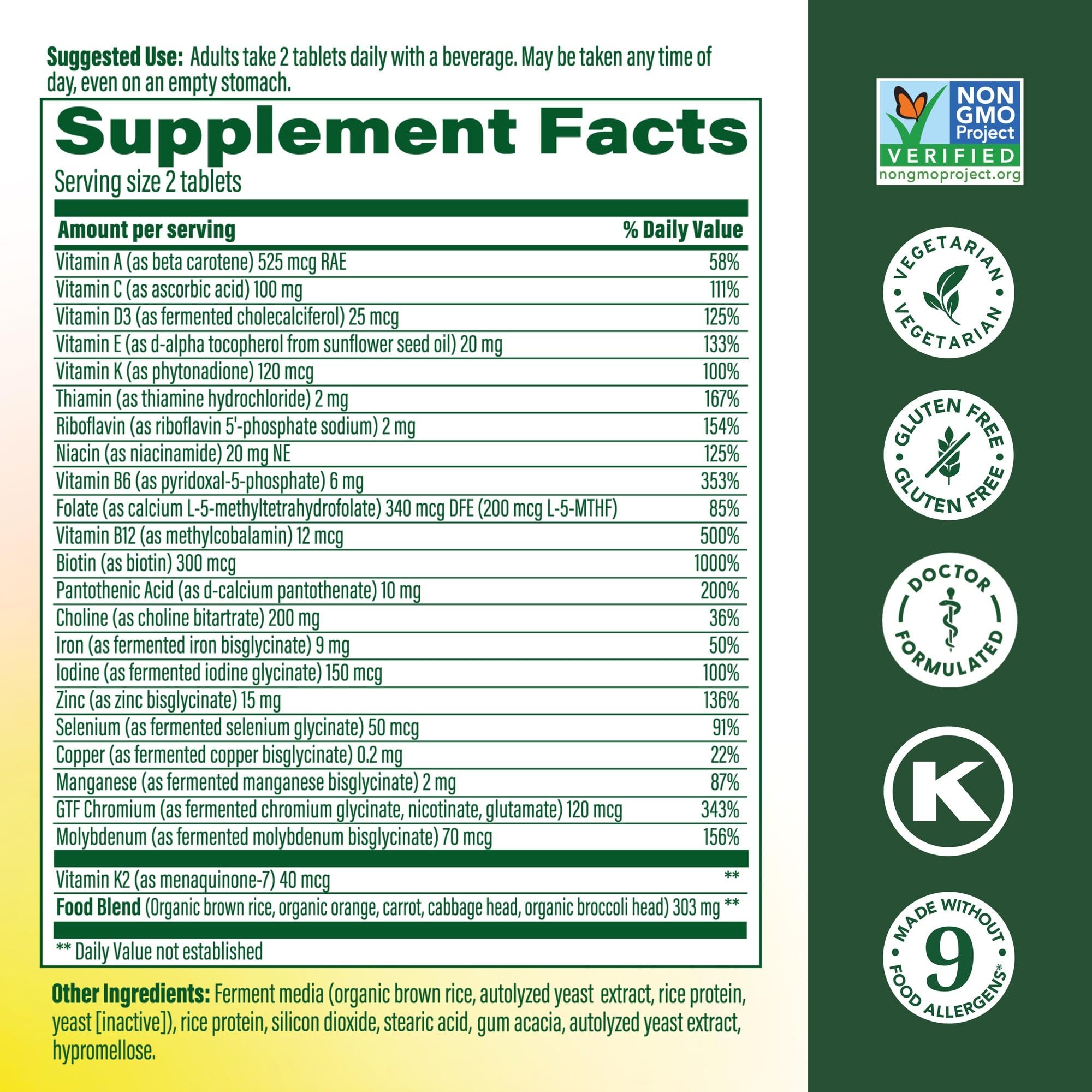 MegaFood Women's 40+ Multivitamin - Multivitamin Supplement for Women with Iron, Vitamins C, B12, K2, A, B6, Choline, and more - Non-GMO, Gluten-Free - Vegetarian - 60 Tabs (30 Servings)