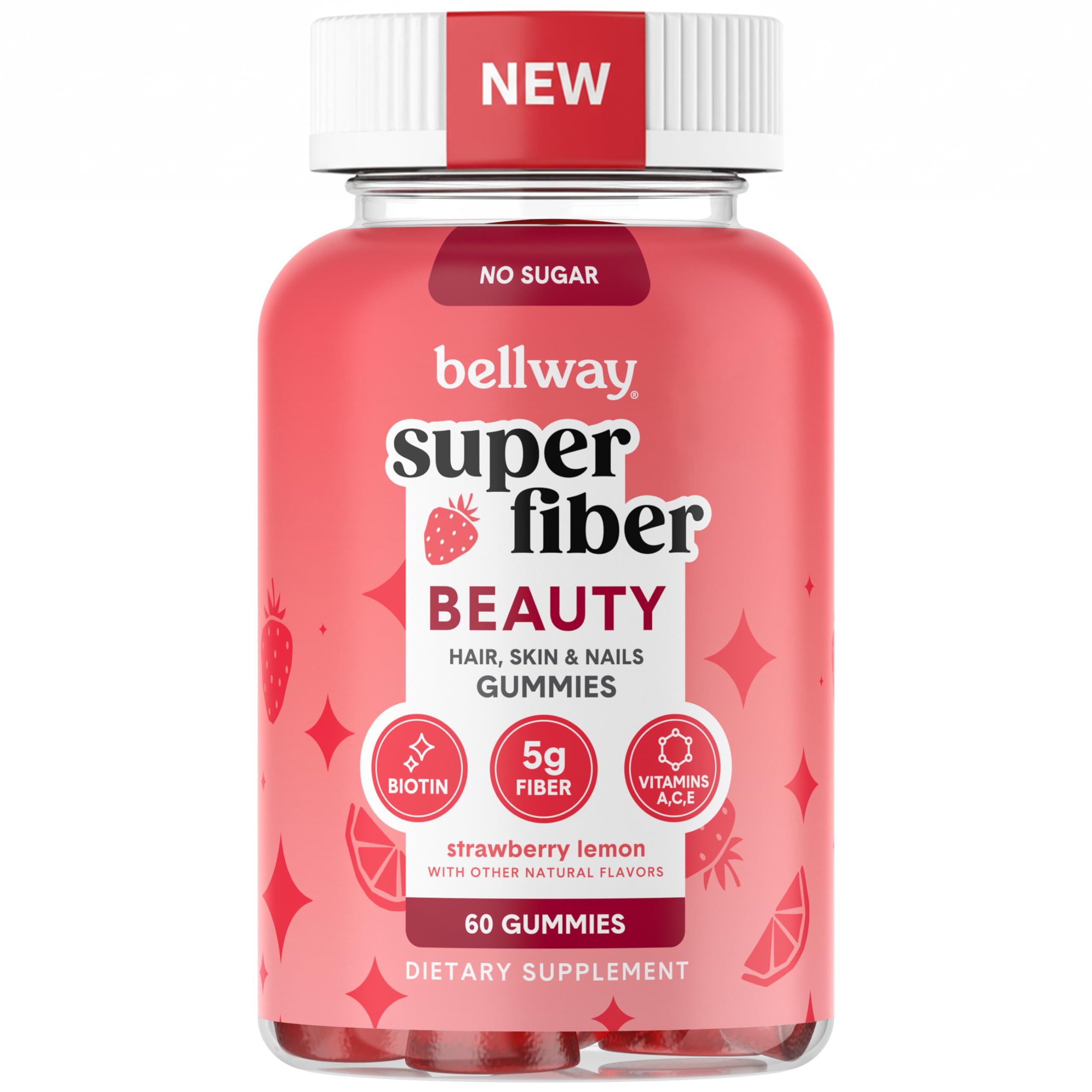 Bellway Super Fiber Gummies + Beauty – Sugar Free Fiber Supplement with Biotin & Vitamins A C E – Supports Digestive Health, Skin, Hair & Nails - 60 Count