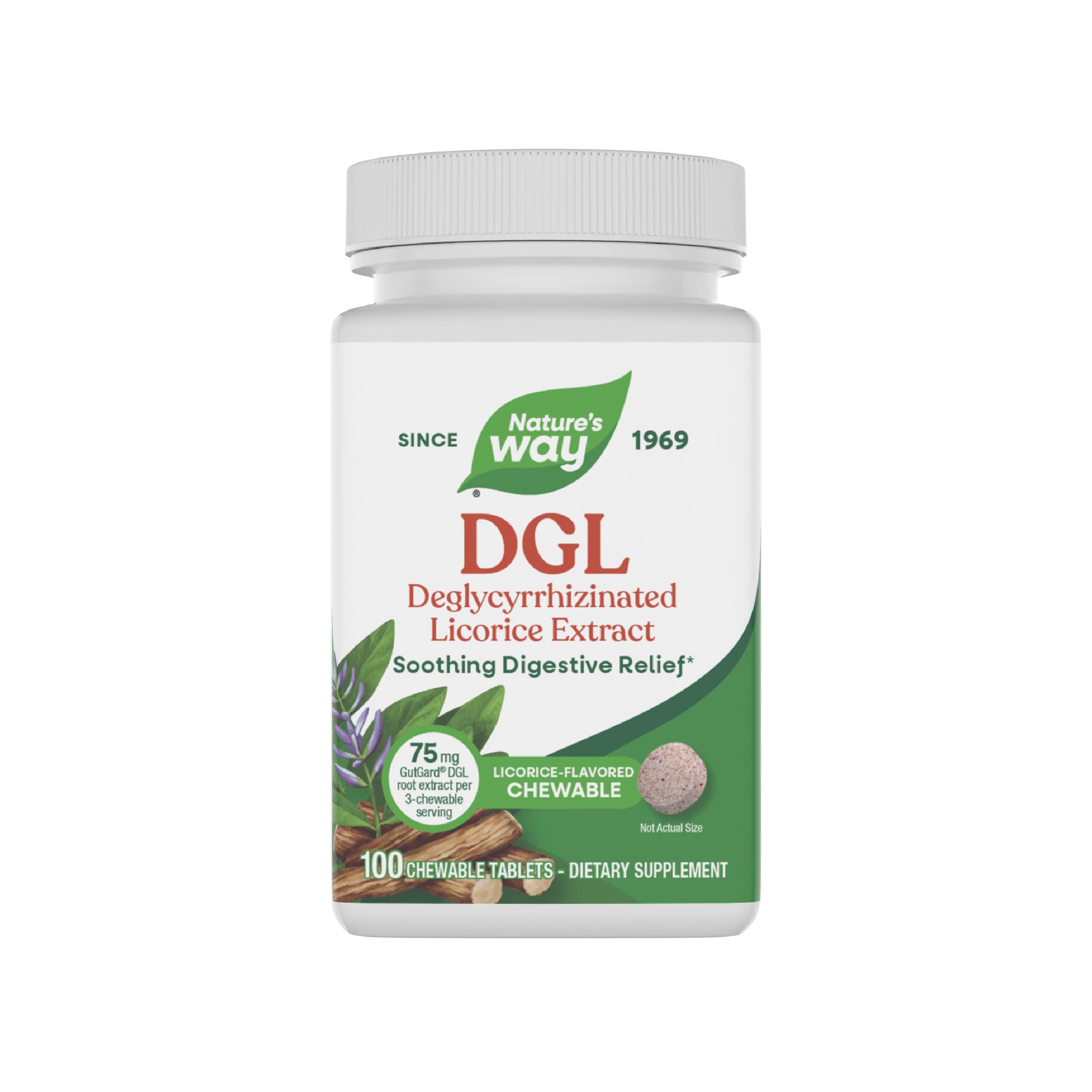 Nature's Way DGL Chewable Tablets, Soothing Digestive Relief*, For Occasional Stomach Upset*, Deglycyrrhizinated Licorice Extract, Gluten Free, Licorice Flavored, 100 Tablets (Packaging May Vary)