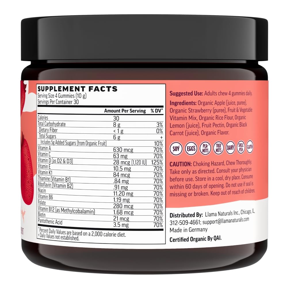 Llama Naturals Multivitamin for Women & Men, Vegan, Organic Gummies with Vitamin D, C & K, Adults Real Fruit Gummy Vitamins, Chewable Multivitamin Supplement, No Added Sugar Cane, Strawberry, 120 Ct
