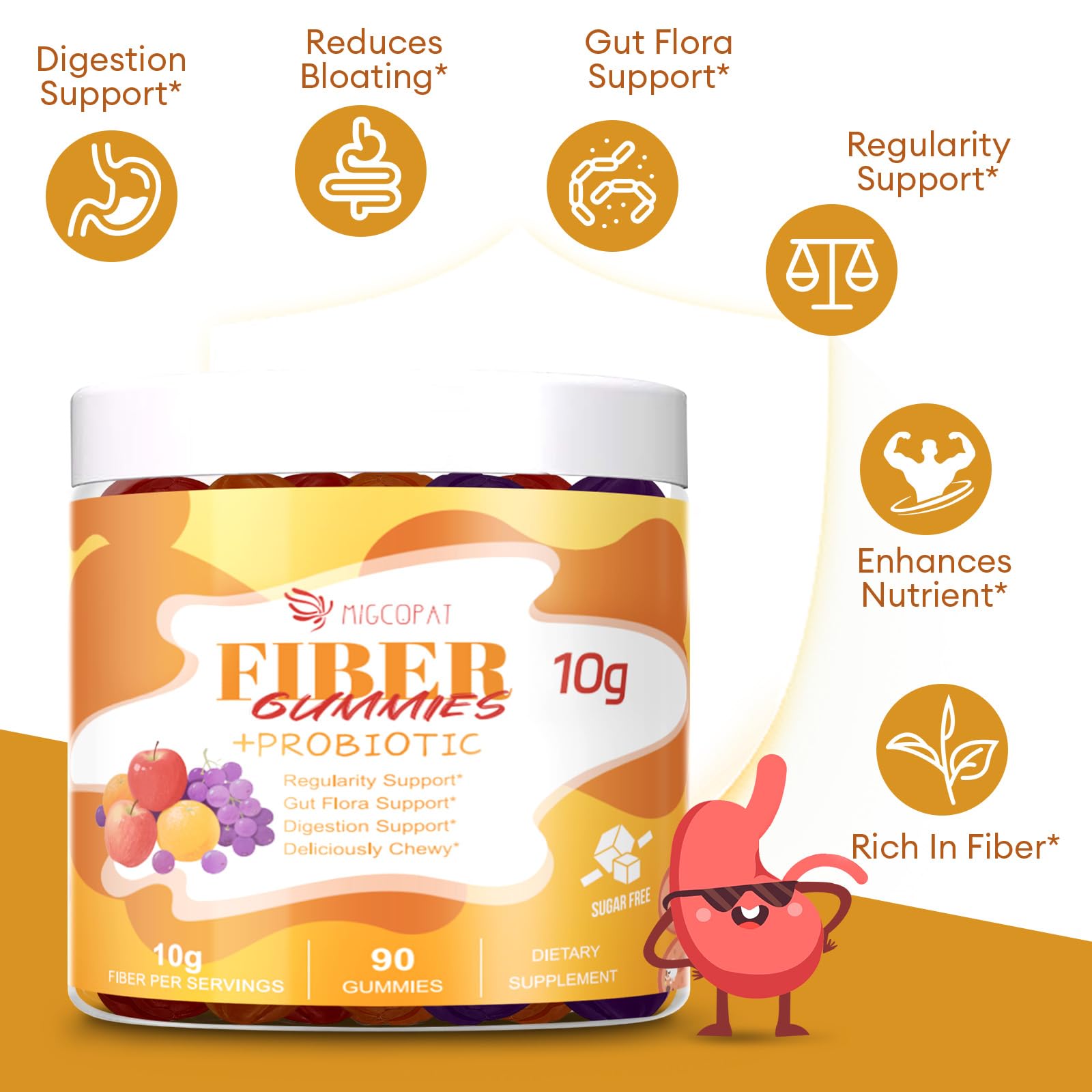 Migcopat 10G Fiber Gummies with Probiotics, Fiber Supplement with 30 Billion CFU Probiotics Blend, ACV, Vitamin C, Inulin - Support Digestive Health - No Sugar Added - Fruit Flavored - 90 Count