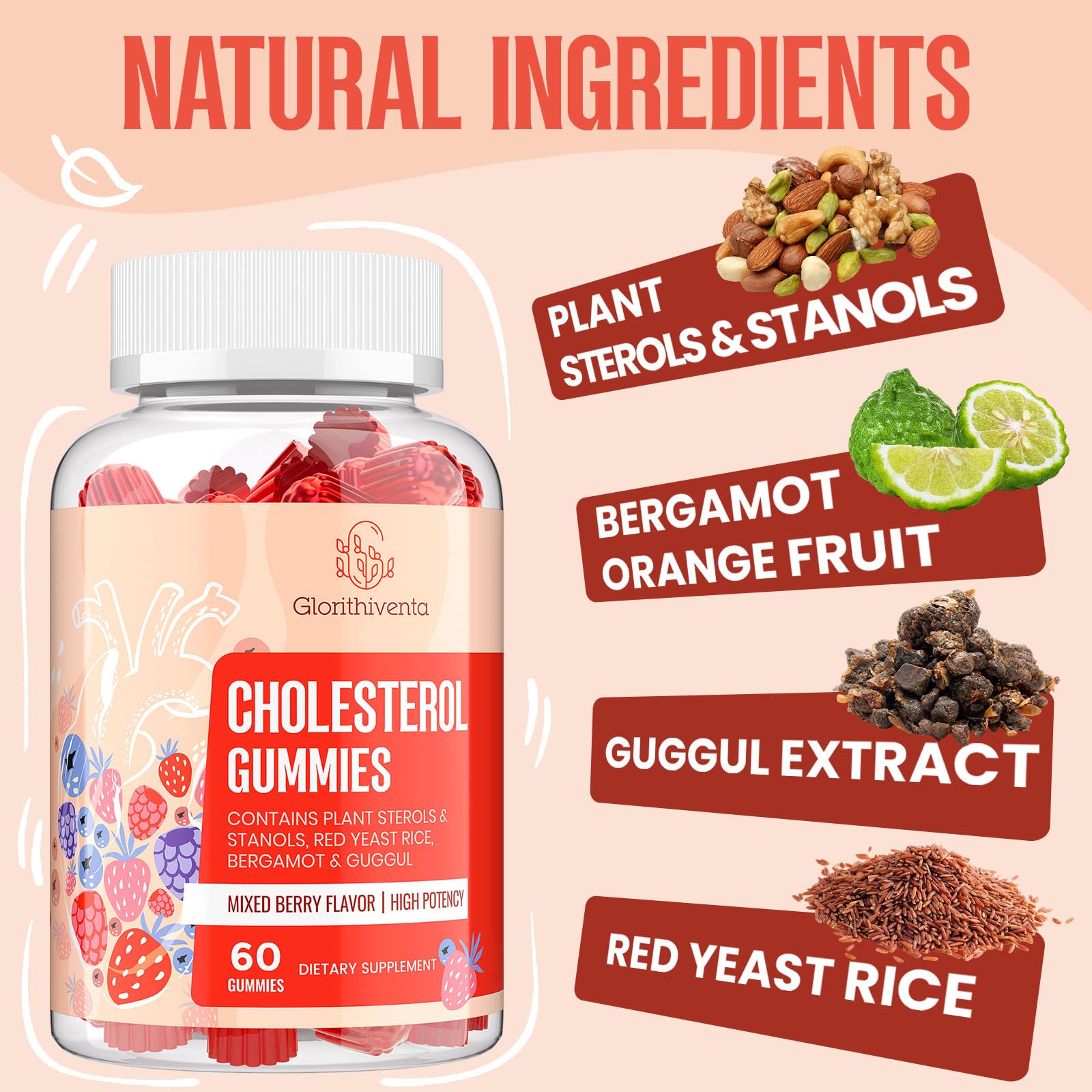 Cholesterol Supplement with Plant Sterols & Stanols, Guggul, Bergamot Orange Extract, Red Yeast Rice, Plant Sterols Complex Gummies, Mixed Berry Flavor, 60 Counts