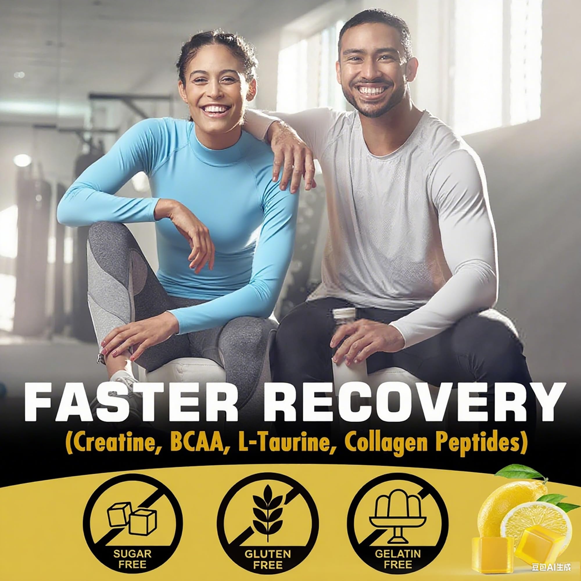 Creatine Monohydrate Gummies for Men & Women - with BCAA, Collagen Peptides, L-Taurine, Vitamin B12, D3, Chewables Creatine Monohydrate 5g Per Serving, Natural Lemon Flavor, Sugar Free, 2 Pack