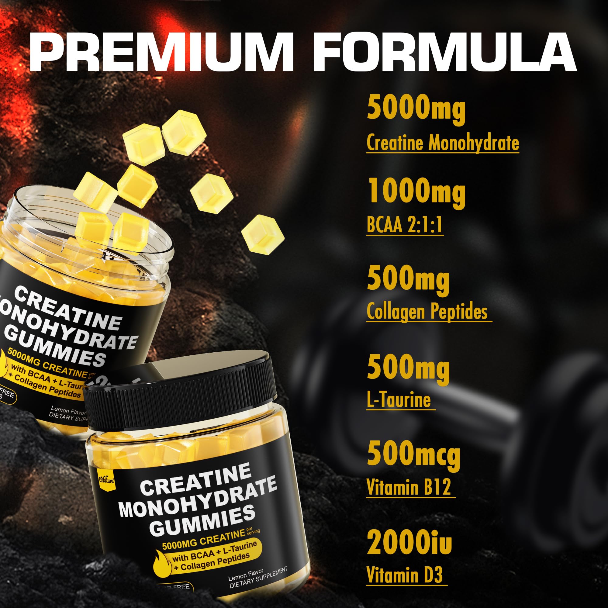 Creatine Monohydrate Gummies for Men & Women - with BCAA, Collagen Peptides, L-Taurine, Vitamin B12, D3, Chewables Creatine Monohydrate 5g Per Serving, Natural Lemon Flavor, Sugar Free, 2 Pack