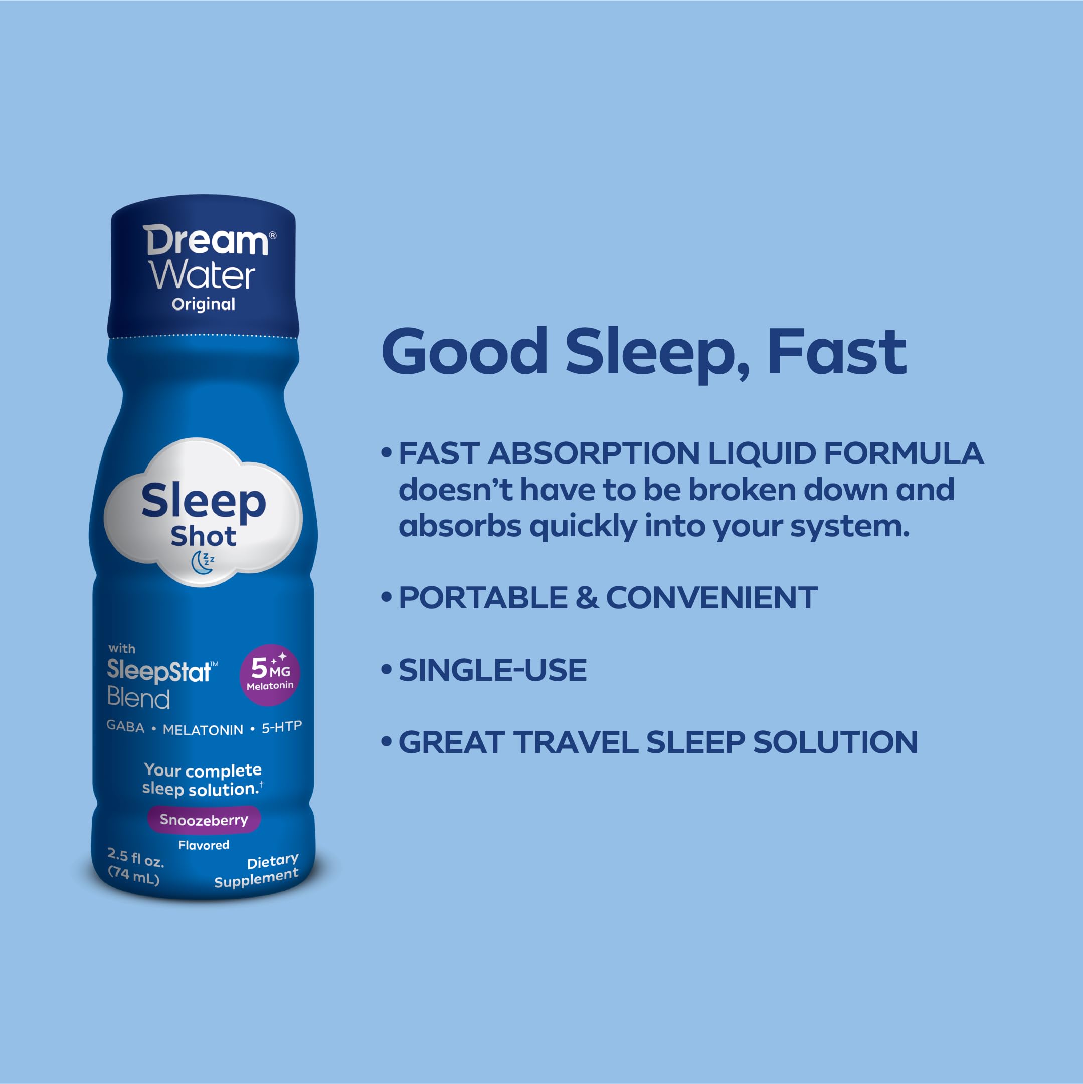 Dream Water Sleep Shots (24 Count) Sleep Aids for Adults - 5mg Melatonin, GABA, 5-HTP - Natural Snoozeberry Flavor (Blue Raspberry) - Liquid Melatonin Supplement - Zero Sugar & Gluten Free - 2.5 oz