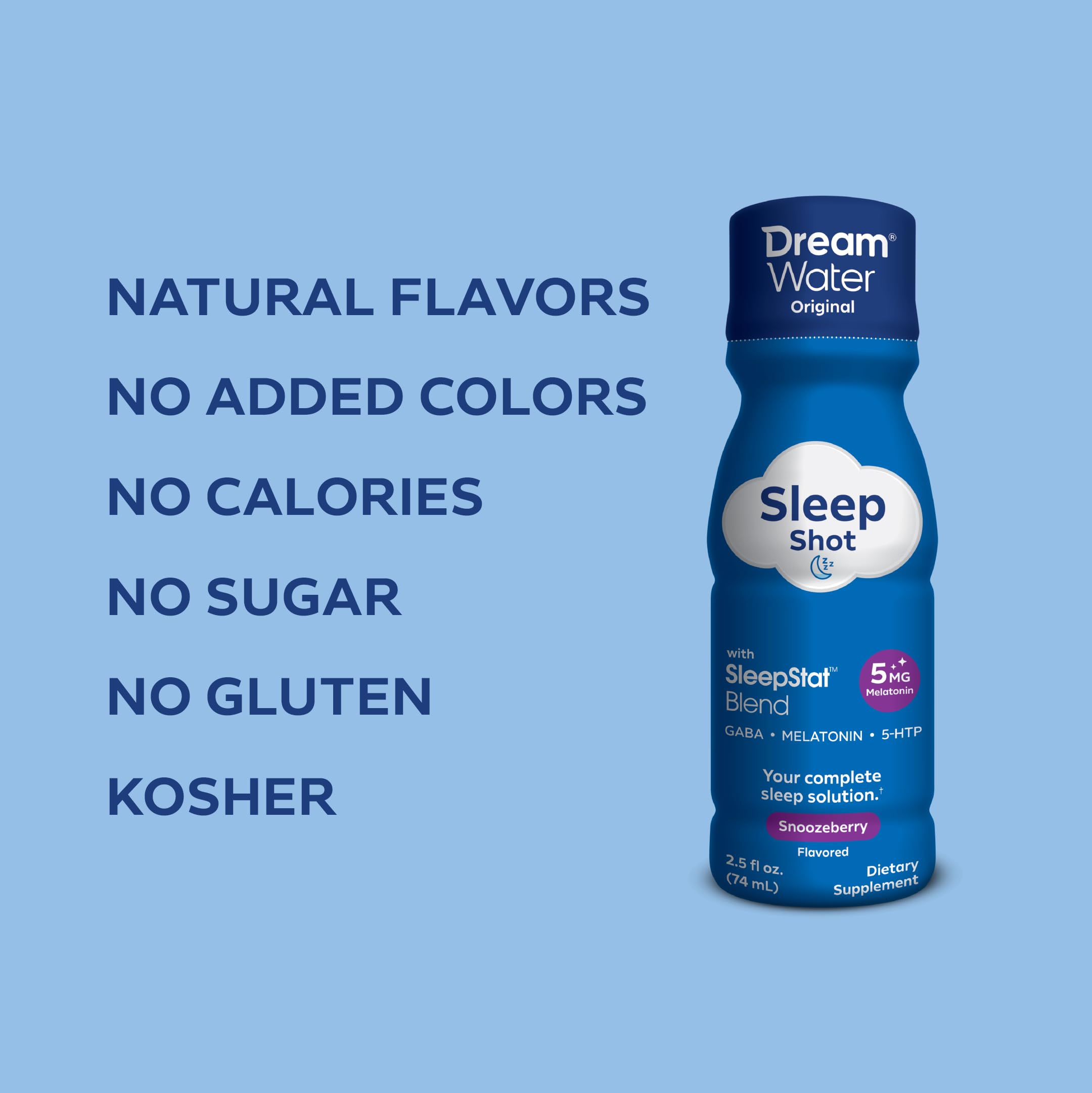 Dream Water Sleep Shots (24 Count) Sleep Aids for Adults - 5mg Melatonin, GABA, 5-HTP - Natural Snoozeberry Flavor (Blue Raspberry) - Liquid Melatonin Supplement - Zero Sugar & Gluten Free - 2.5 oz