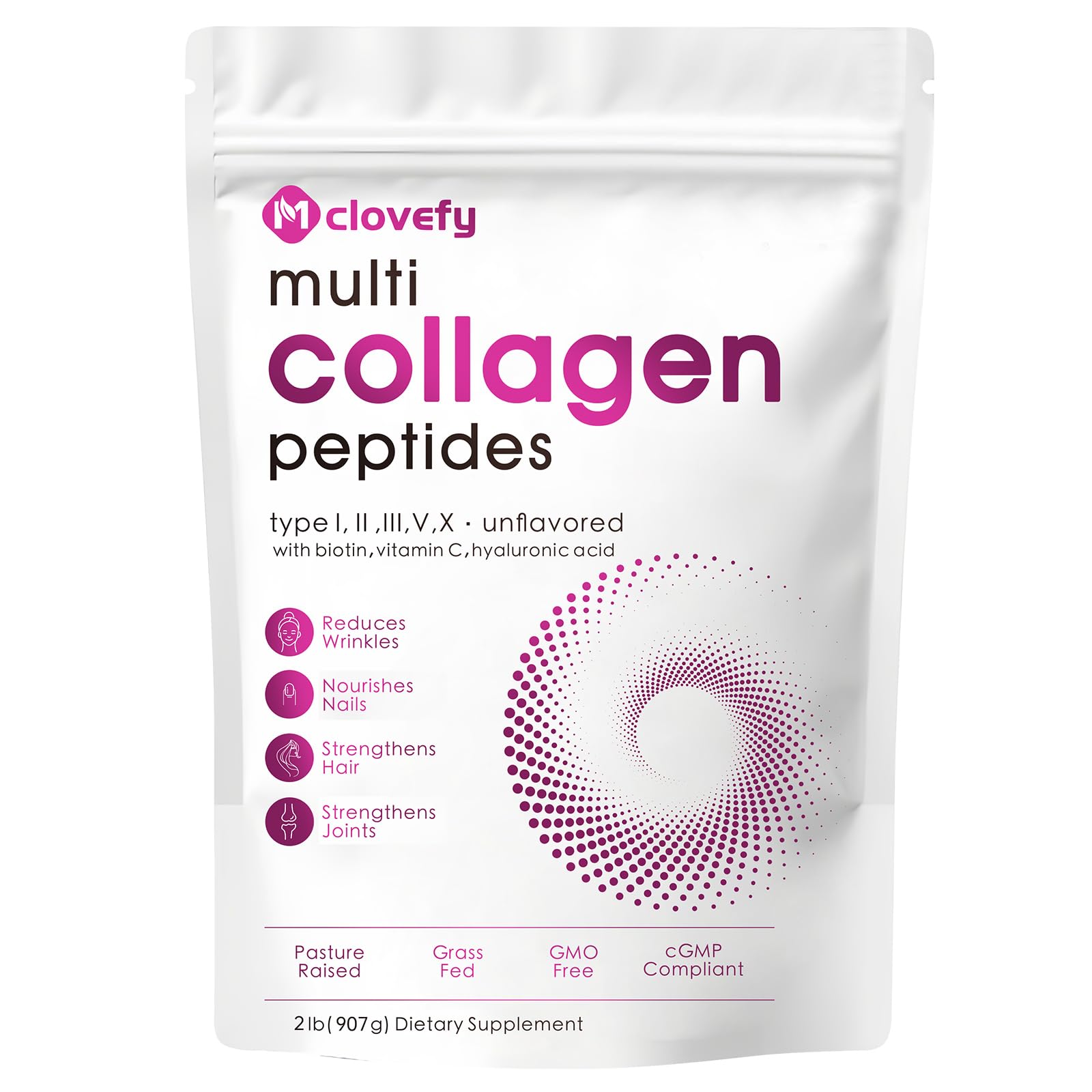 Mclovefy Multi Collagen Peptides Powder, 16 Oz (41 Servings) - Protein Supplement, Type I, II, III, V, X with Hyaluronic Acid, Vitamin C and Biotin, Unflavored, Easily Mixes in Drinks