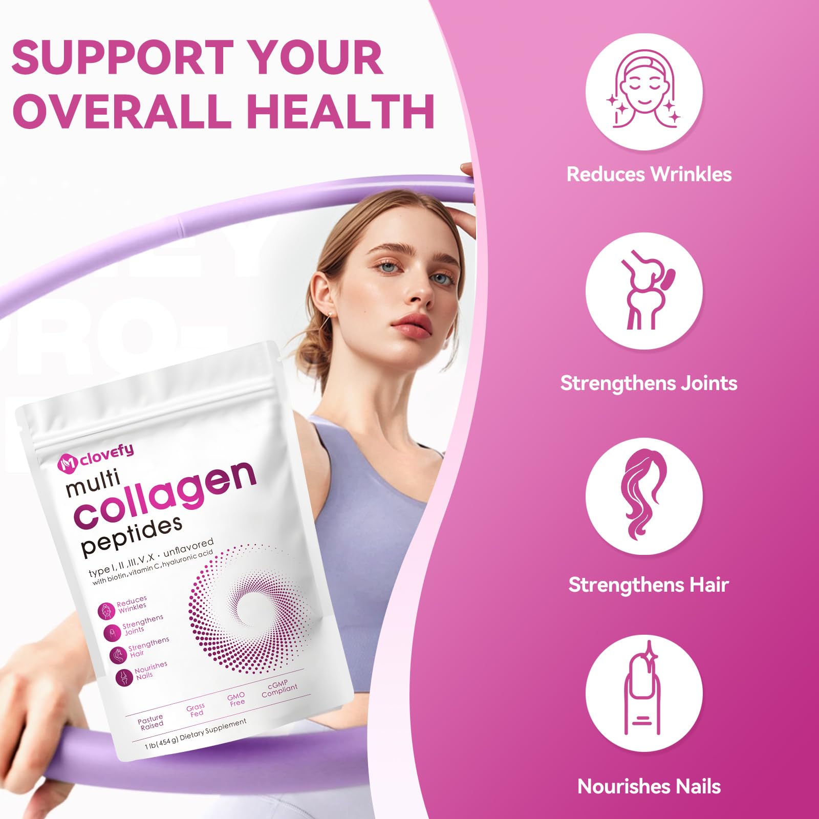 Mclovefy Multi Collagen Peptides Powder, 16 Oz (41 Servings) - Protein Supplement, Type I, II, III, V, X with Hyaluronic Acid, Vitamin C and Biotin, Unflavored, Easily Mixes in Drinks