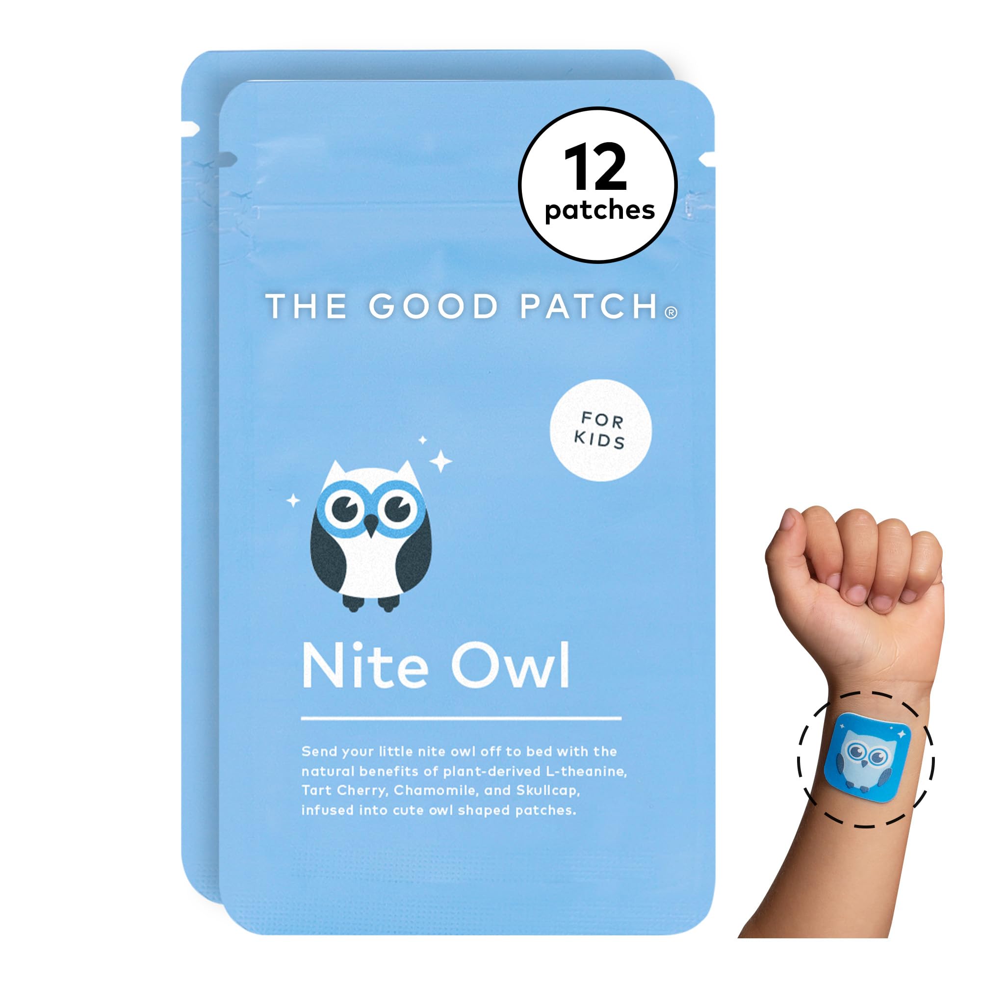 The Good Patch Nite Owl Patch, Natural Sleep Patch Support for Kid Bedtime with Tart Cherry, Chamomile, and Skullcap, Plant Powered, Sustained Release (12 Total Patches)