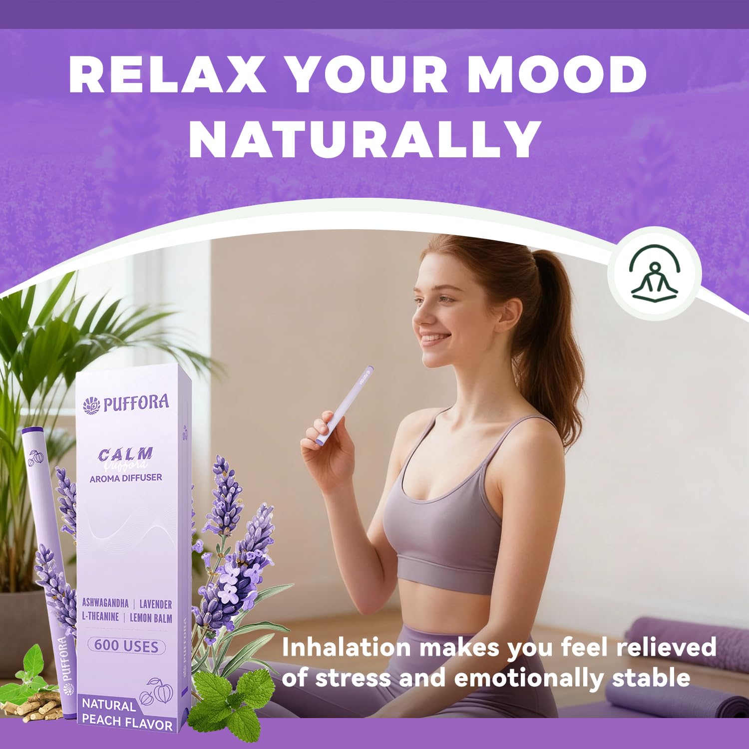 Herbal Diffuser Pen, Plant-Based - Ashwagandha, Lavender, L-Theanine, Lemon Balm, Vitamin B1 & B6, Supports a Calm Mood, Relaxed Feelings, 600 Uses