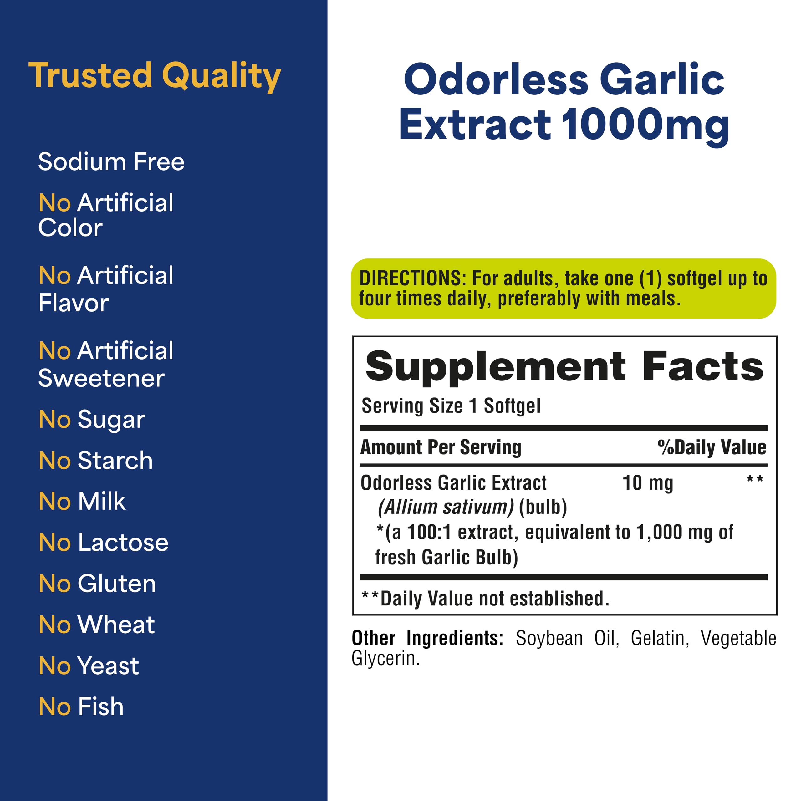 Puritan's Pride Premium Odorless Garlic (1000mg Equivalent), Traditional Dietary Supplement for Heart Health and Circulation Support with Antioxidant Properties, 250 Rapid Release Softgels, 2 Pack