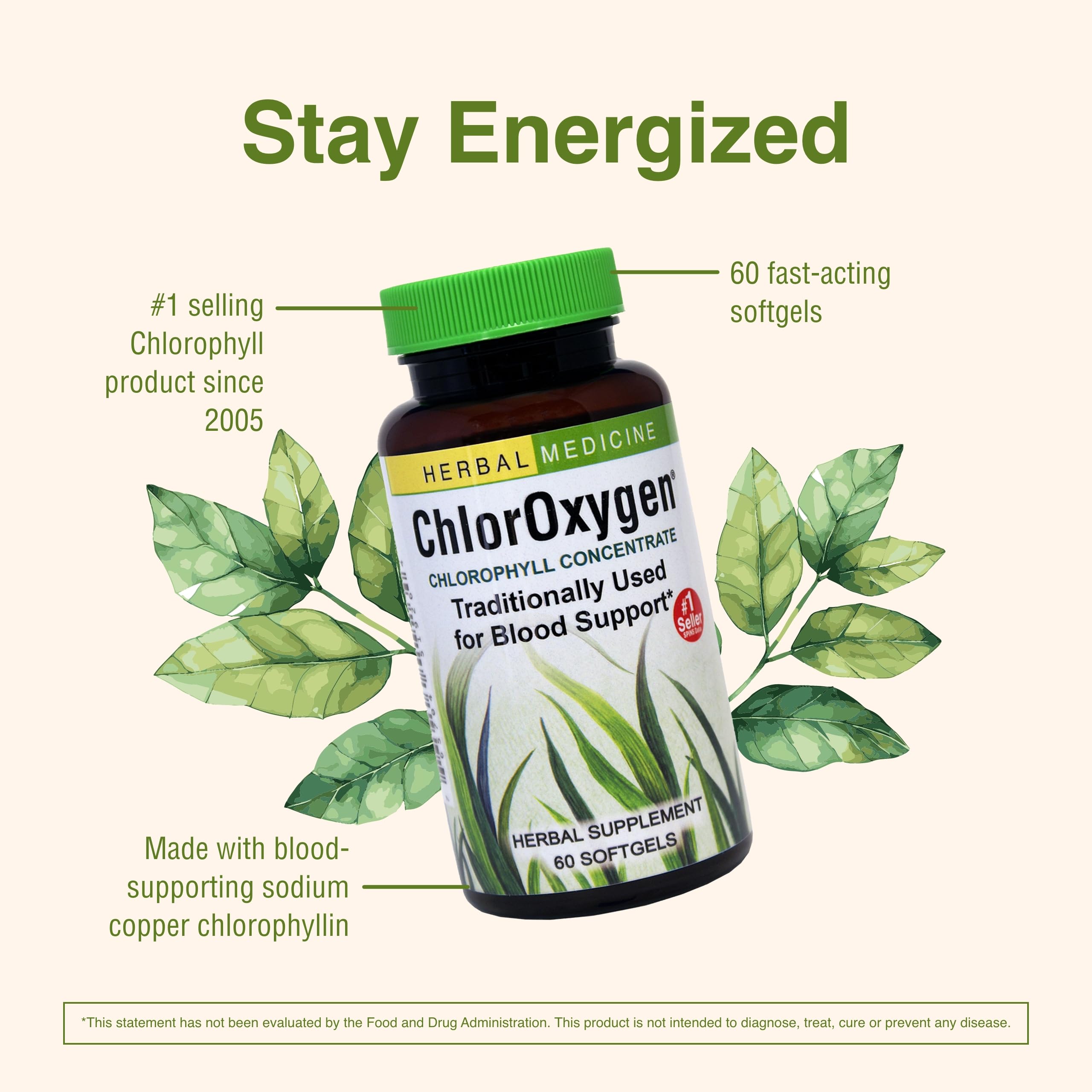 Herbs Etc. ChlorOxygen Chlorophyll Concentrate - Aids Healthy Blood Circulation - High-Altitude Environment Support - Energy Support - 60 Softgels (60 Servings)