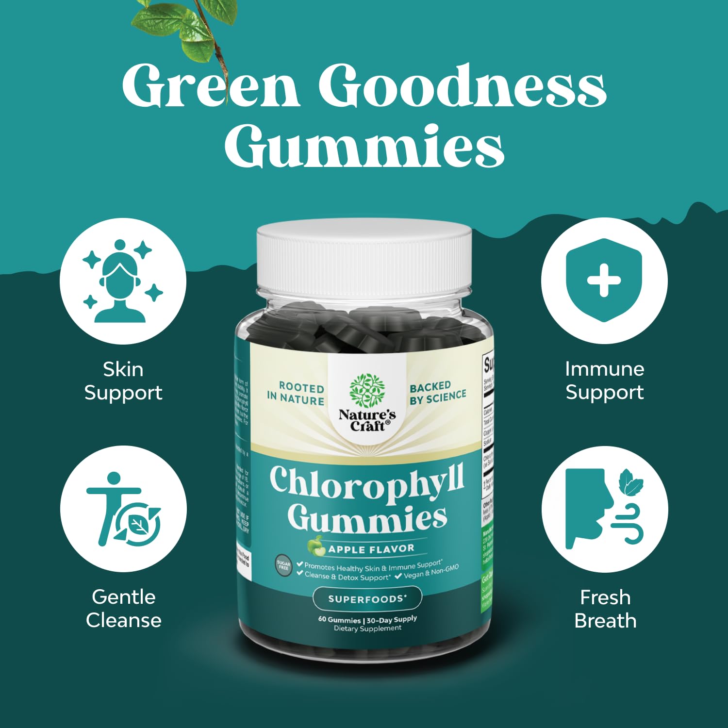 Chlorophyll Gummies for Cleanse & Detox Support - Potent Internal Deodorizer Chloropyll Supplements for Body Odor Healthy Skin Immunity & Digestive Support - Vegan Non-GMO & Gluten Free - 60 Count