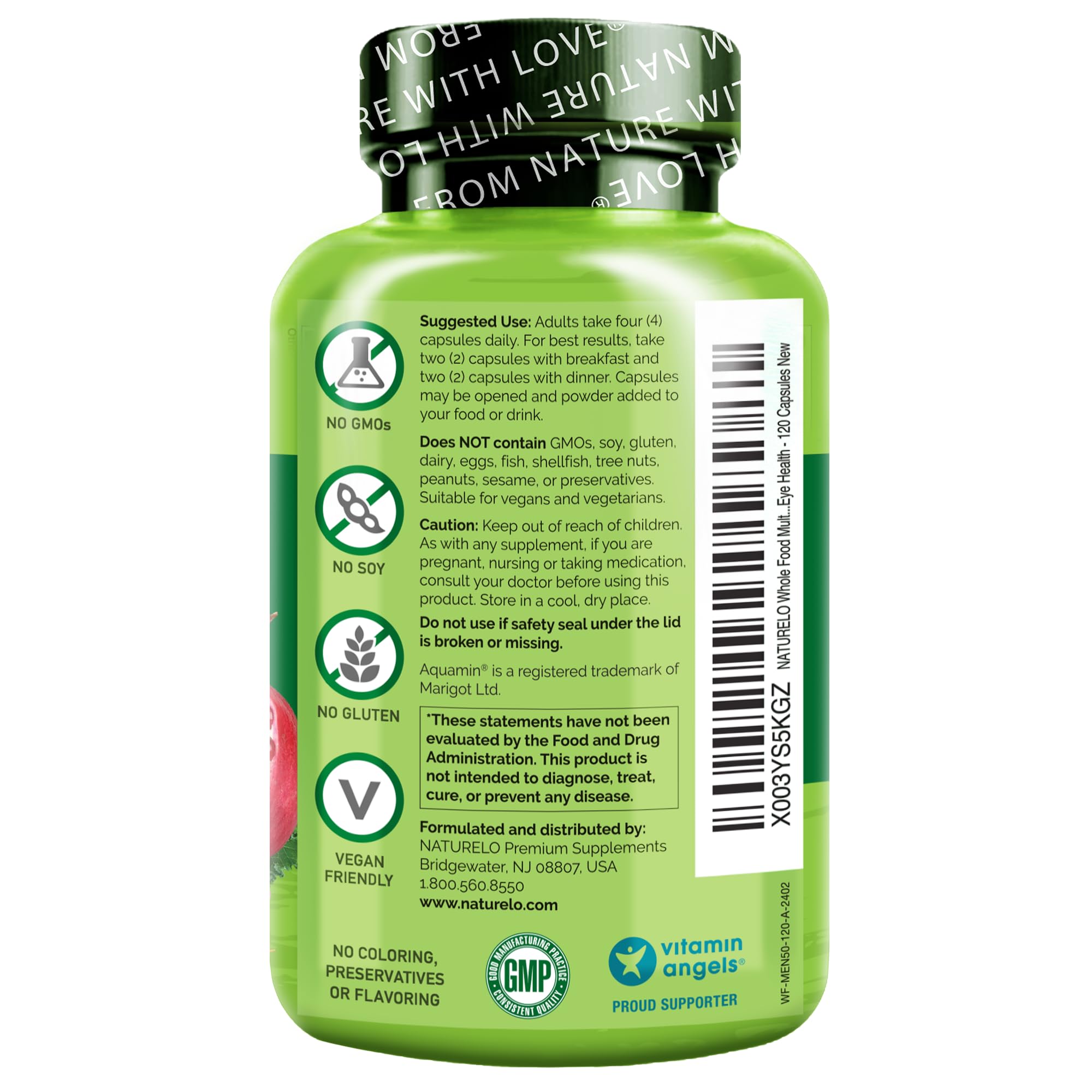 NATURELO Whole Food Multivitamin for Men 50+ - with Vitamins, Minerals, Organic Herbal Extracts - Vegan Vegetarian - for Energy, Brain, Heart and Eye Health - 120 Capsules