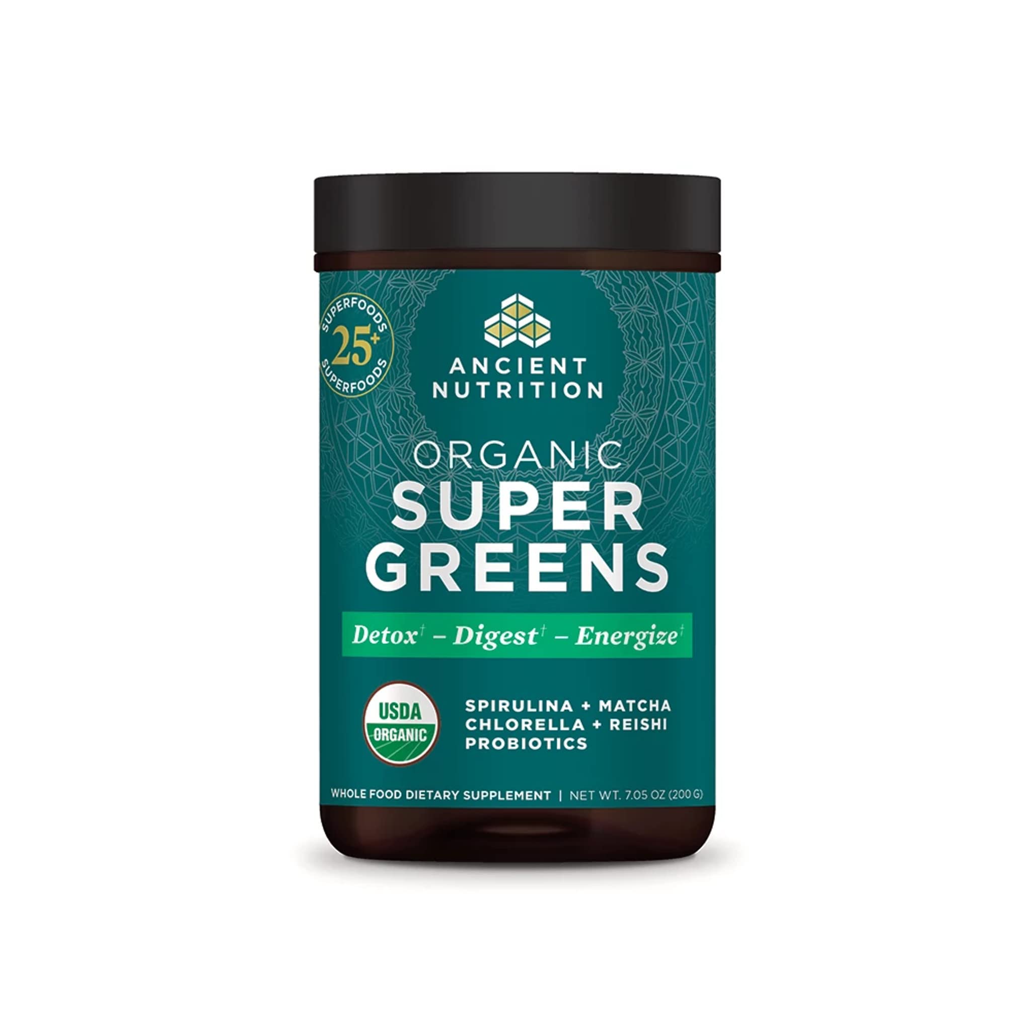 Ancient Nutrition Super Greens Powder, Organic Superfood Powder with Probiotics Made with Spirulina, Chlorella, Matcha, and Digestive Enzymes, 25 Servings, 7.05oz
