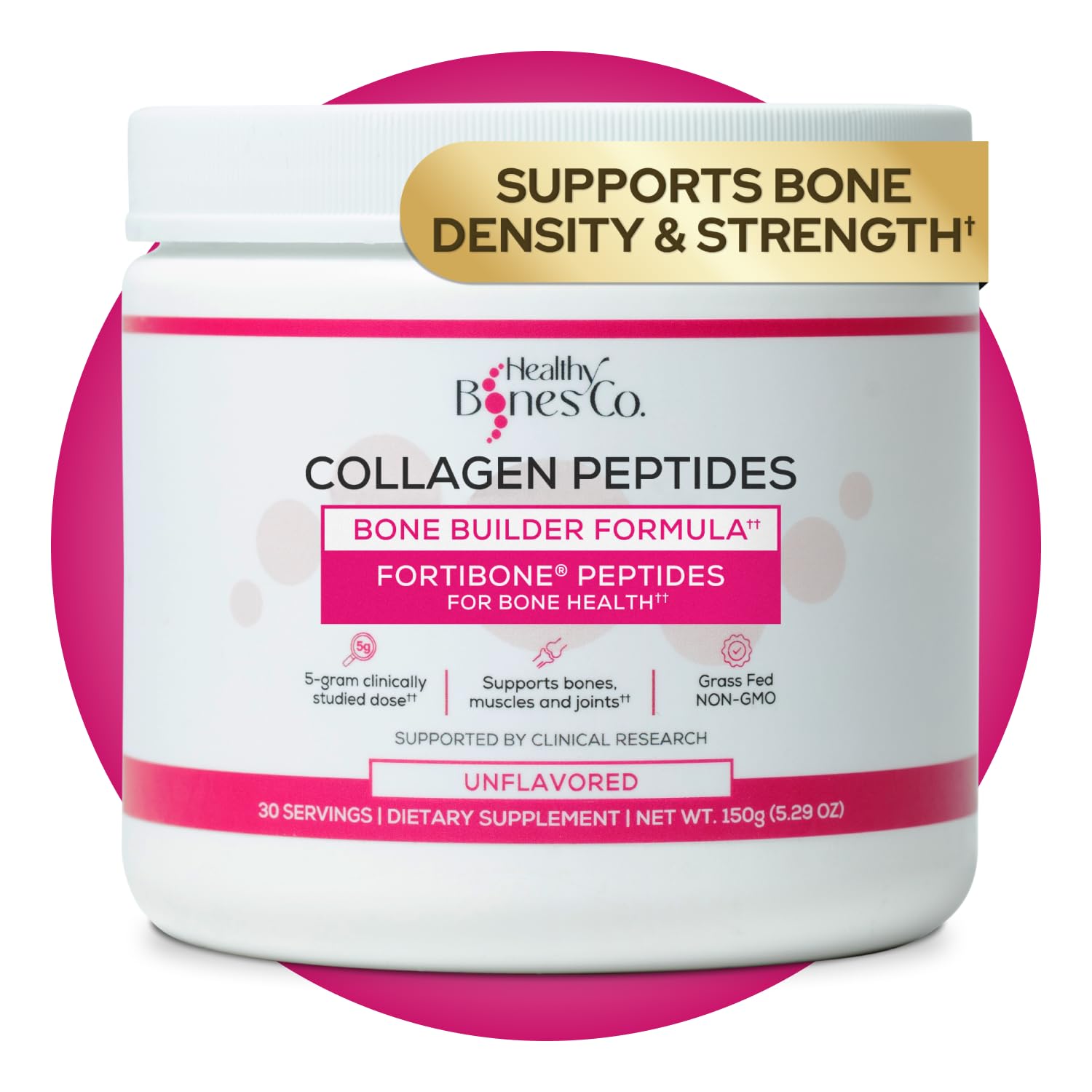 FORTIBONE Collagen Peptides Essential Bone Builder Hydrolyzed Collagen Powder for Women & Men, Clinically-Supported for Bone Strength & Density, Gluten Free & Dairy Free - Unflavored (30 Servings)