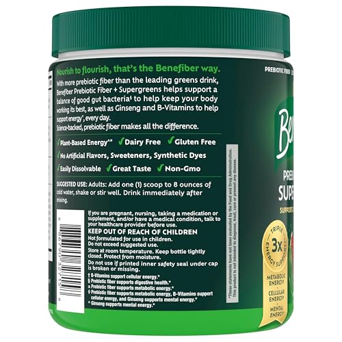 Benefiber Prebiotic Fiber + Supergreens Dietary Supplement Powder, Watermelon Lemonade Flavor, 8.8 oz (250g)